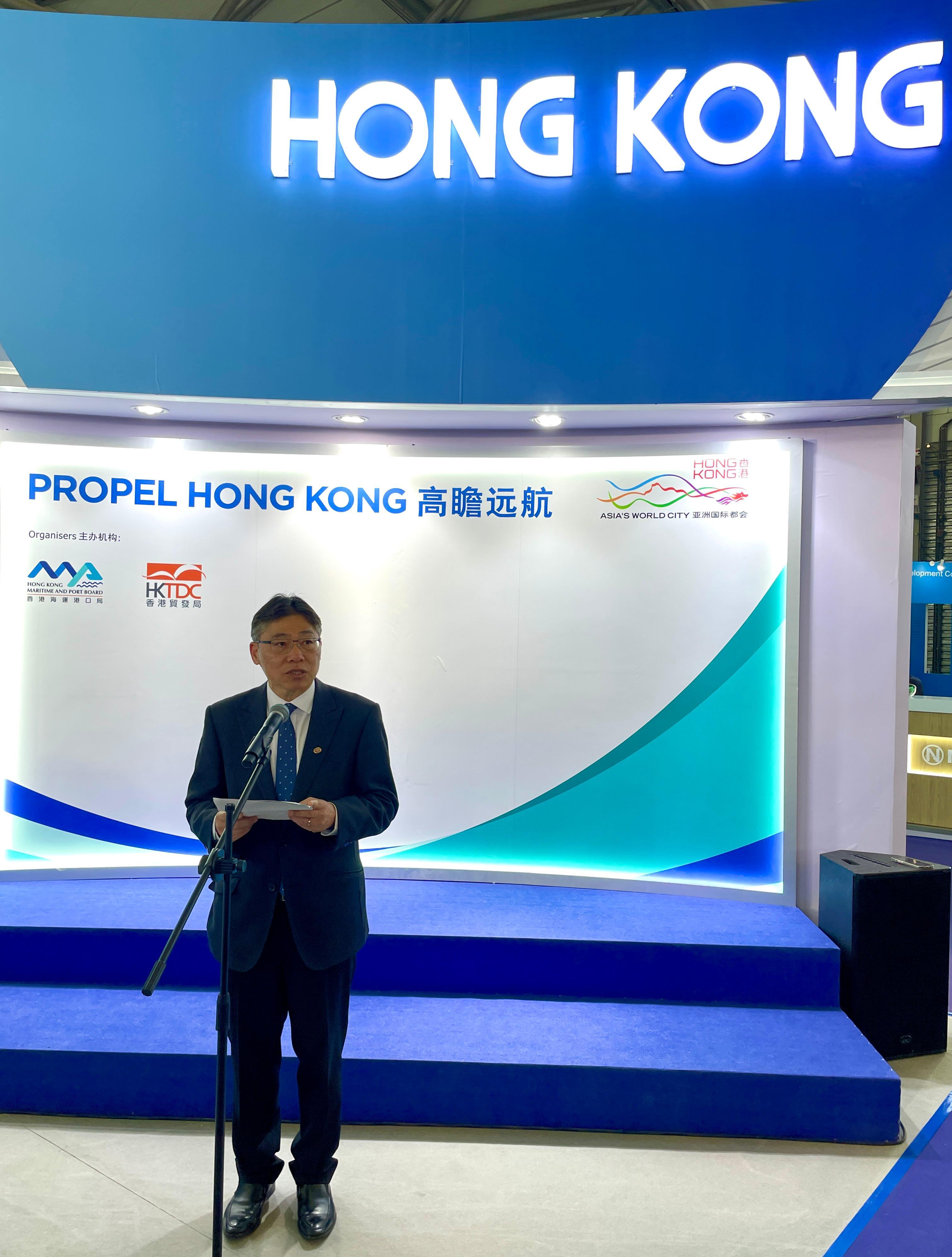 The Chairman of the Hong Kong Maritime and Port Board and the Secretary for Transport and Logistics, Mr Lam Sai-hung, visits the Marintec China 2023 and officiates at the opening ceremony of the China Hong Kong Pavilion in Shanghai today (December 5).