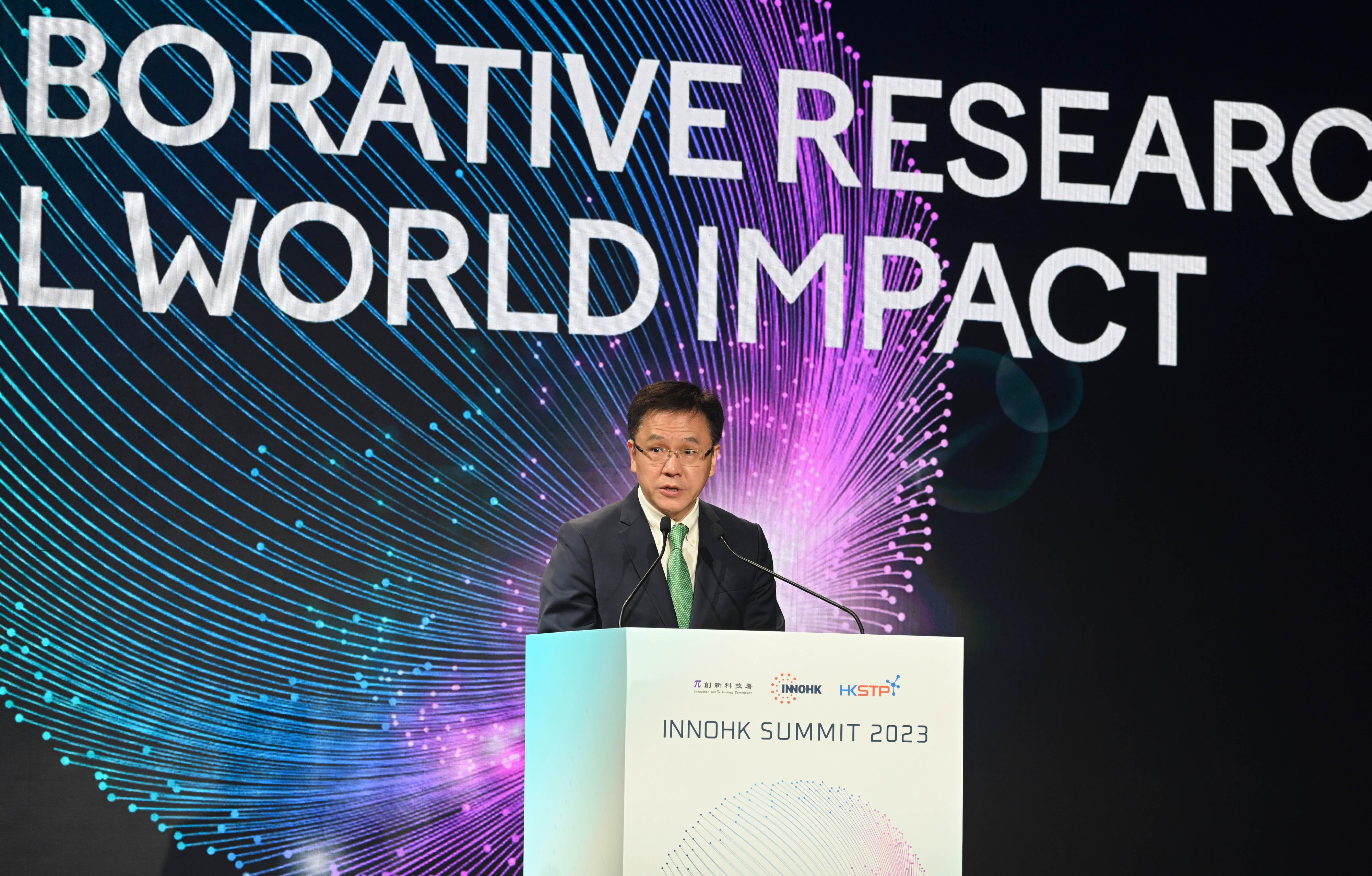 Organised by the Innovation and Technology Commission and the Hong Kong Science and Technology Parks Corporation, the InnoHK Summit 2023 was held in Hong Kong Science Park today (December 6). Photo shows the Secretary for Innovation, Technology and Industry, Professor Sun Dong, delivering a speech at the opening ceremony.