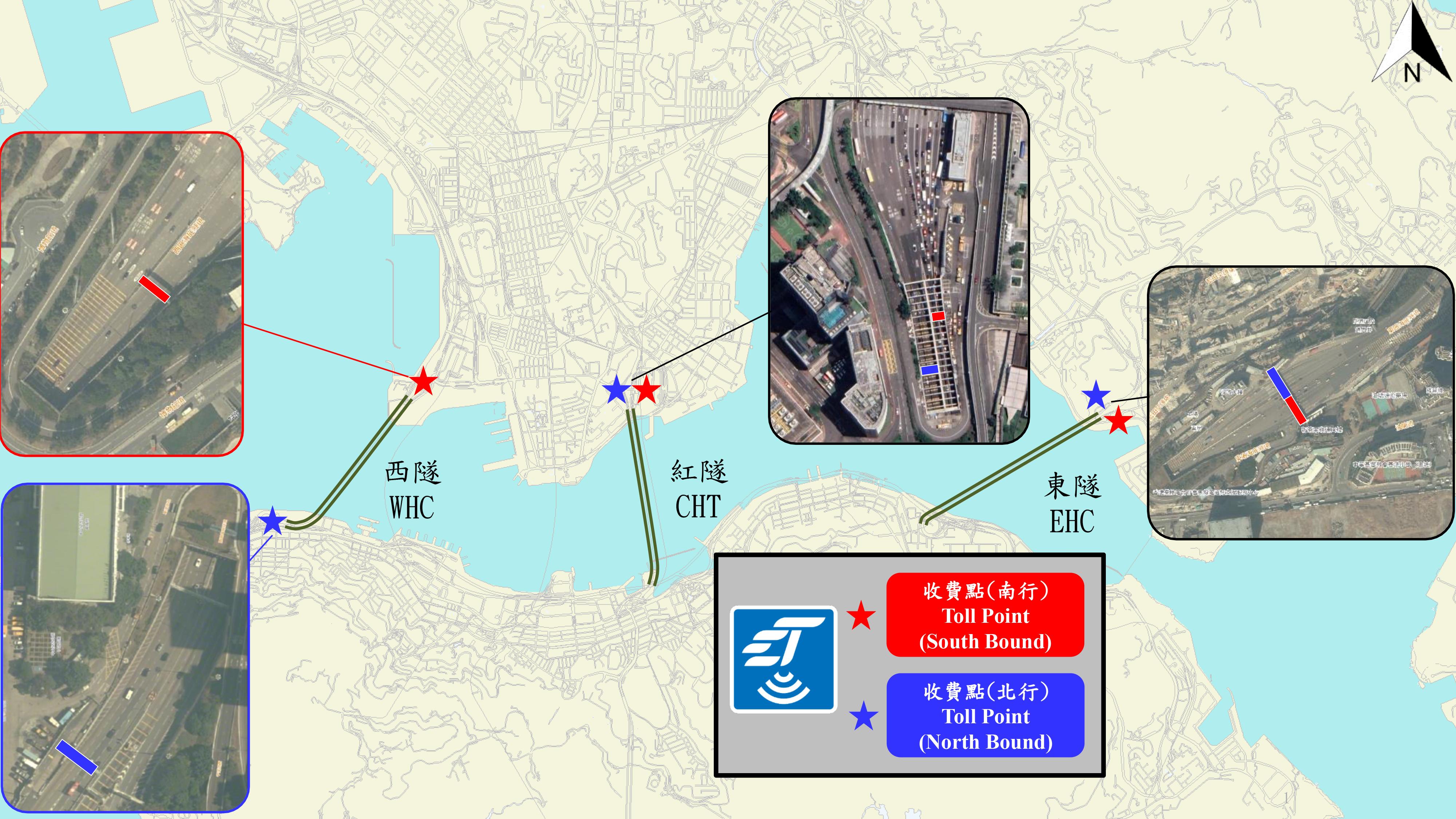The Transport Department said today (December 7) that new toll information displays have been installed at/near the existing toll points of HKeToll in both directions of the three road harbour crossings. Photo shows the locations of the toll points.