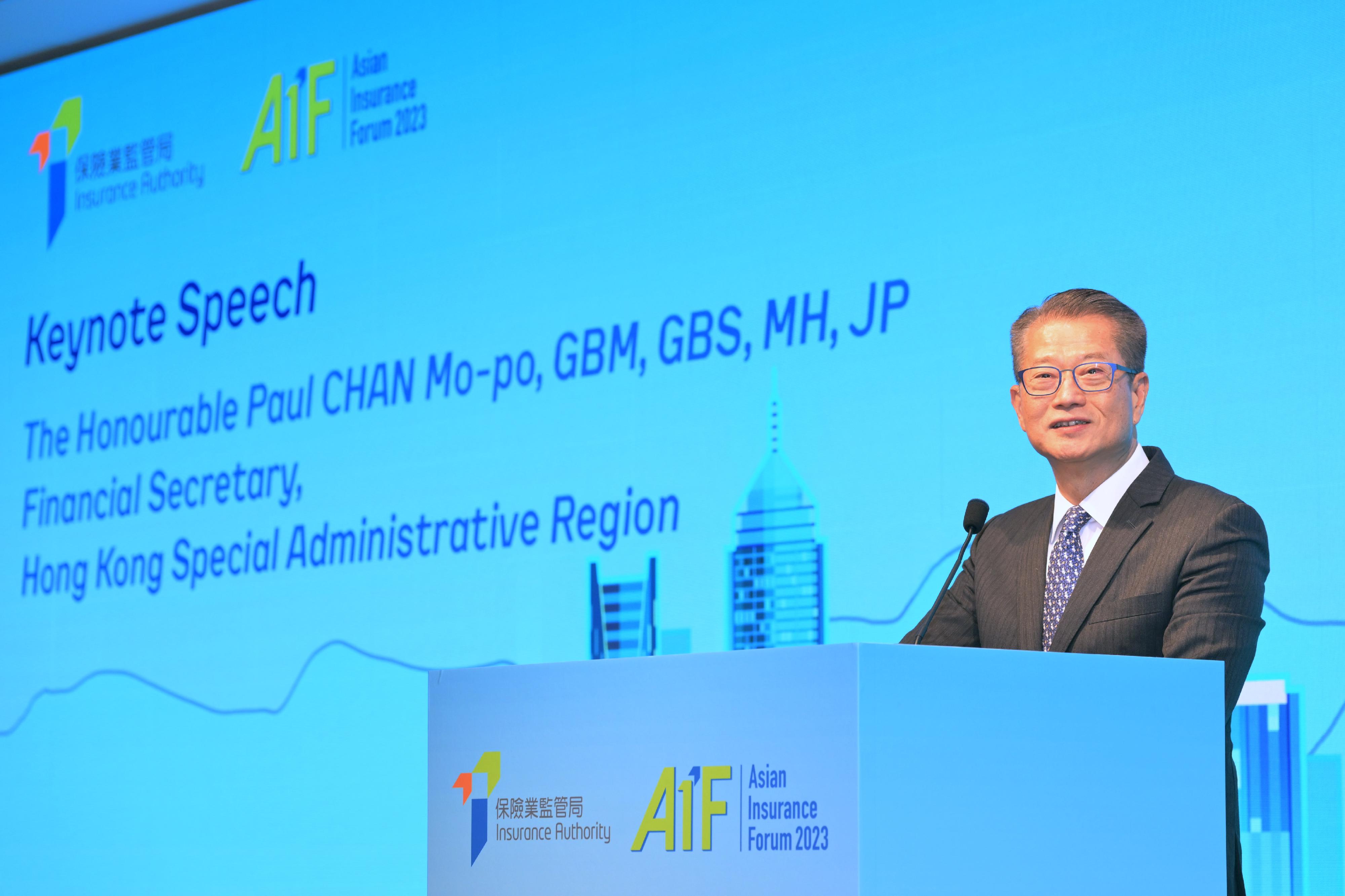 The Financial Secretary, Mr Paul Chan, speaks at the Asian Insurance Forum 2023 today (December 8).