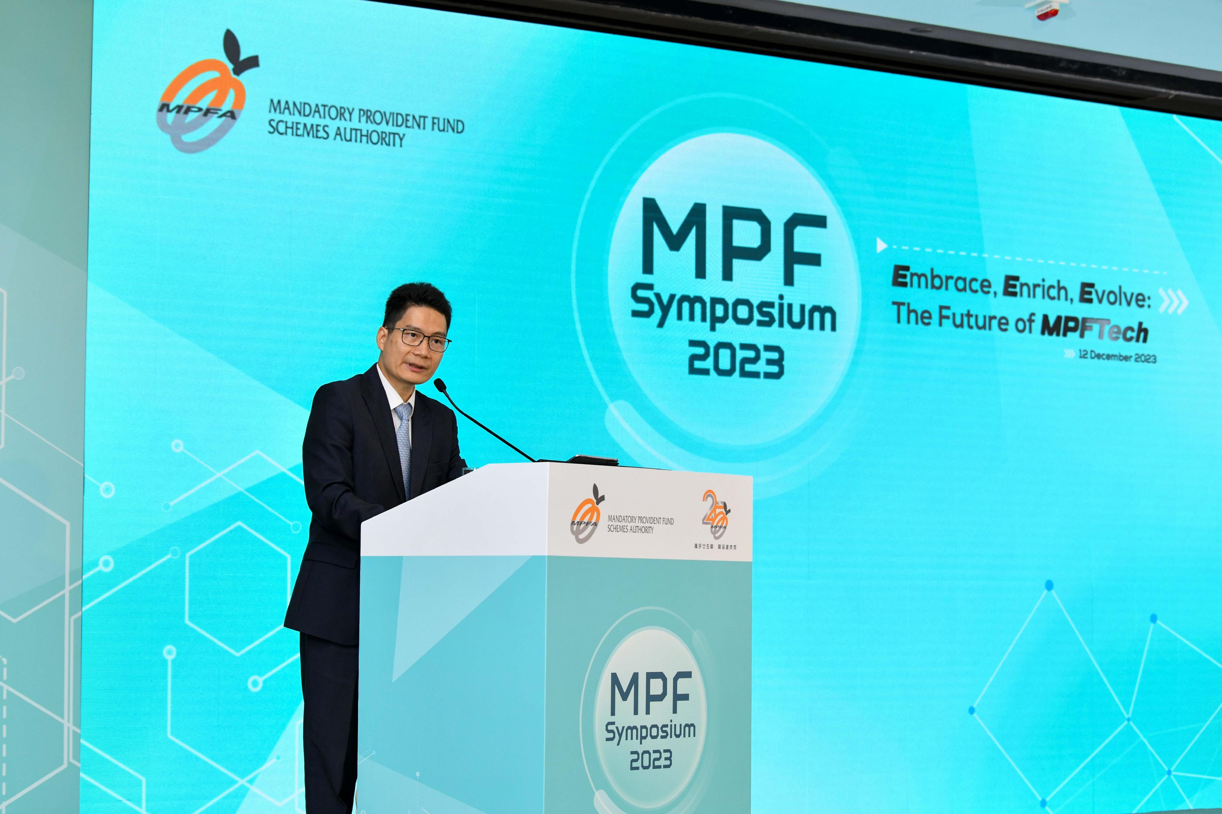 The Acting Secretary for Financial Services and the Treasury, Mr Joseph Chan, gives a keynote speech at the MPF Symposium 2023 today (December 12).