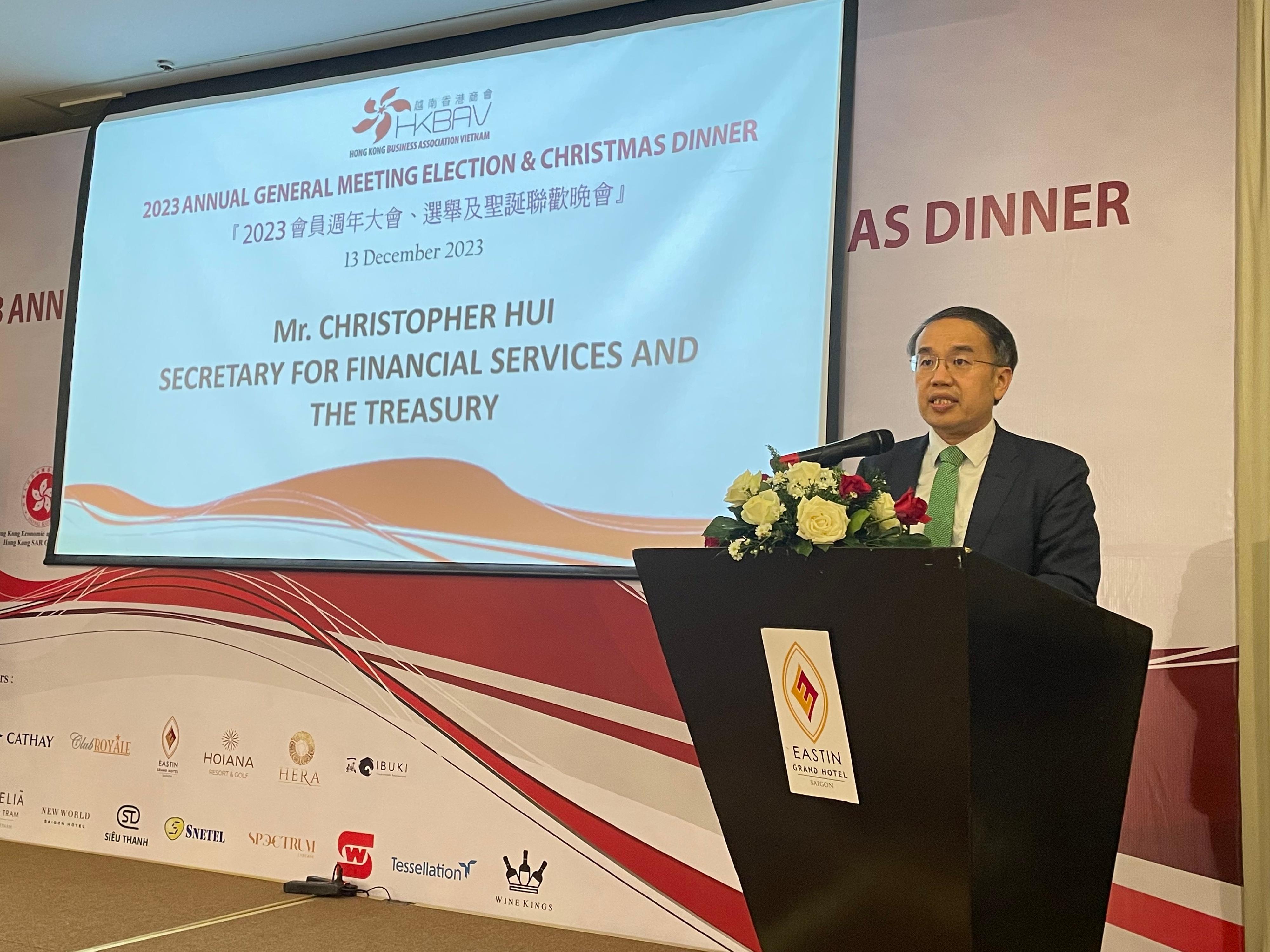 The Secretary for Financial Services and the Treasury, Mr Christopher Hui, today (December 13) started his visit in Vietnam. Photo shows Mr Hui addressing the Christmas dinner organised by the Hong Kong Business Association Vietnam in Ho Chi Minh City.