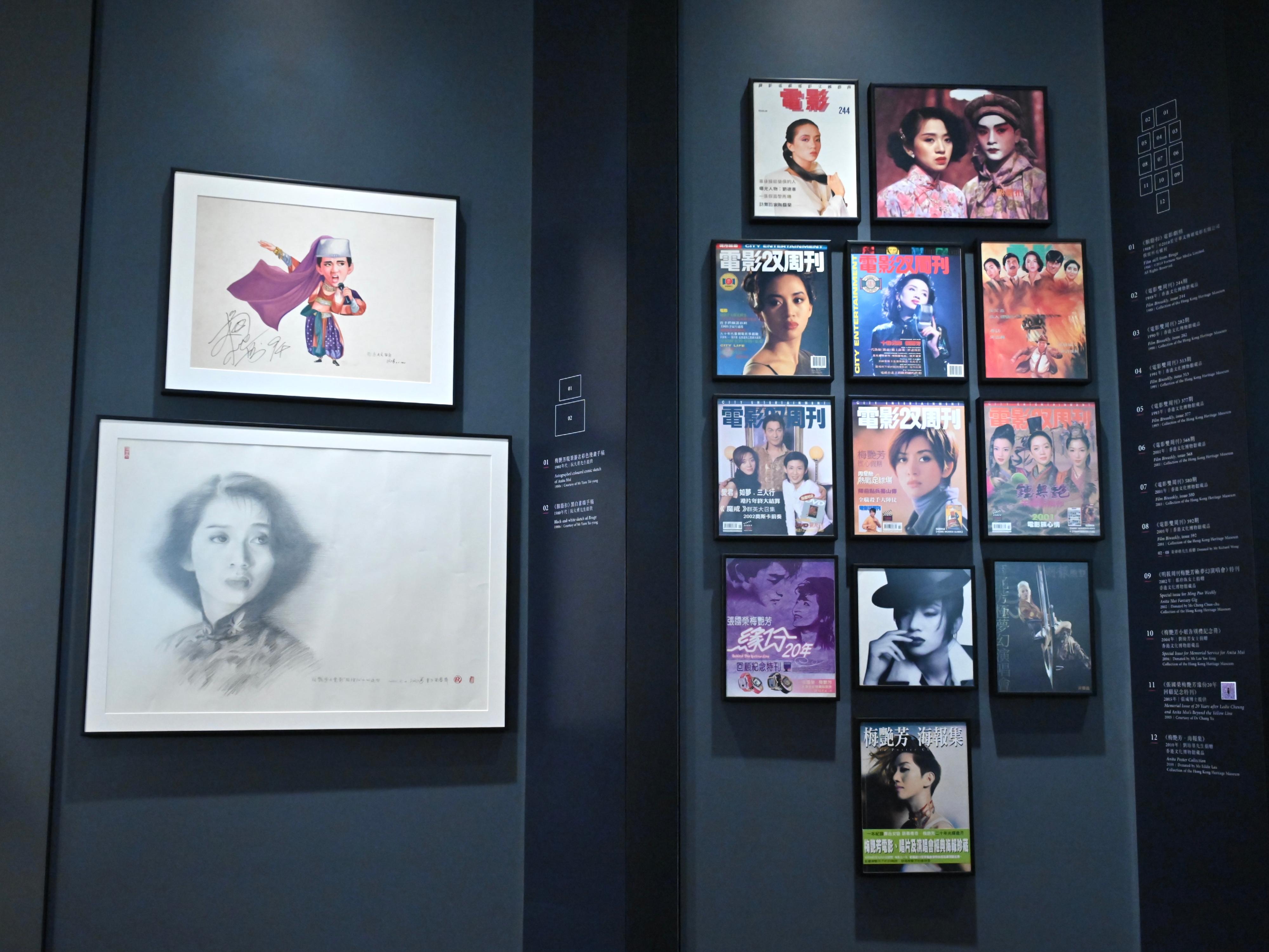 梅艷芳相關的流行文化產物，包括漫畫、雜誌封面及素描手稿等。
