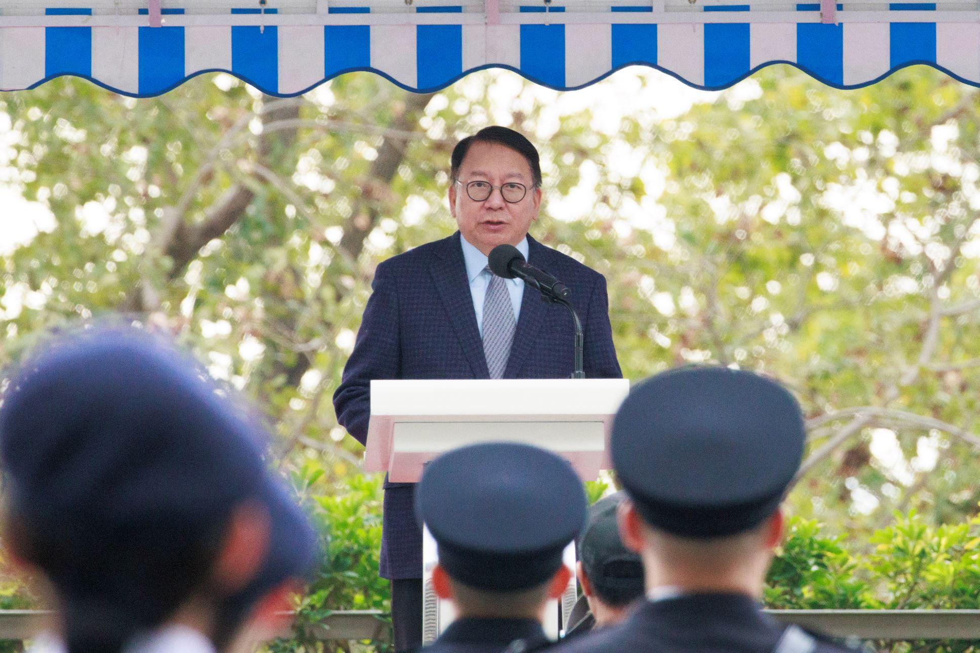 The Chief Secretary for Administration, Mr Chan Kwok-ki, delivers a speech at the Immigration Department Youth Leaders Corps 10th Anniversary Grand Parade today (December 29).