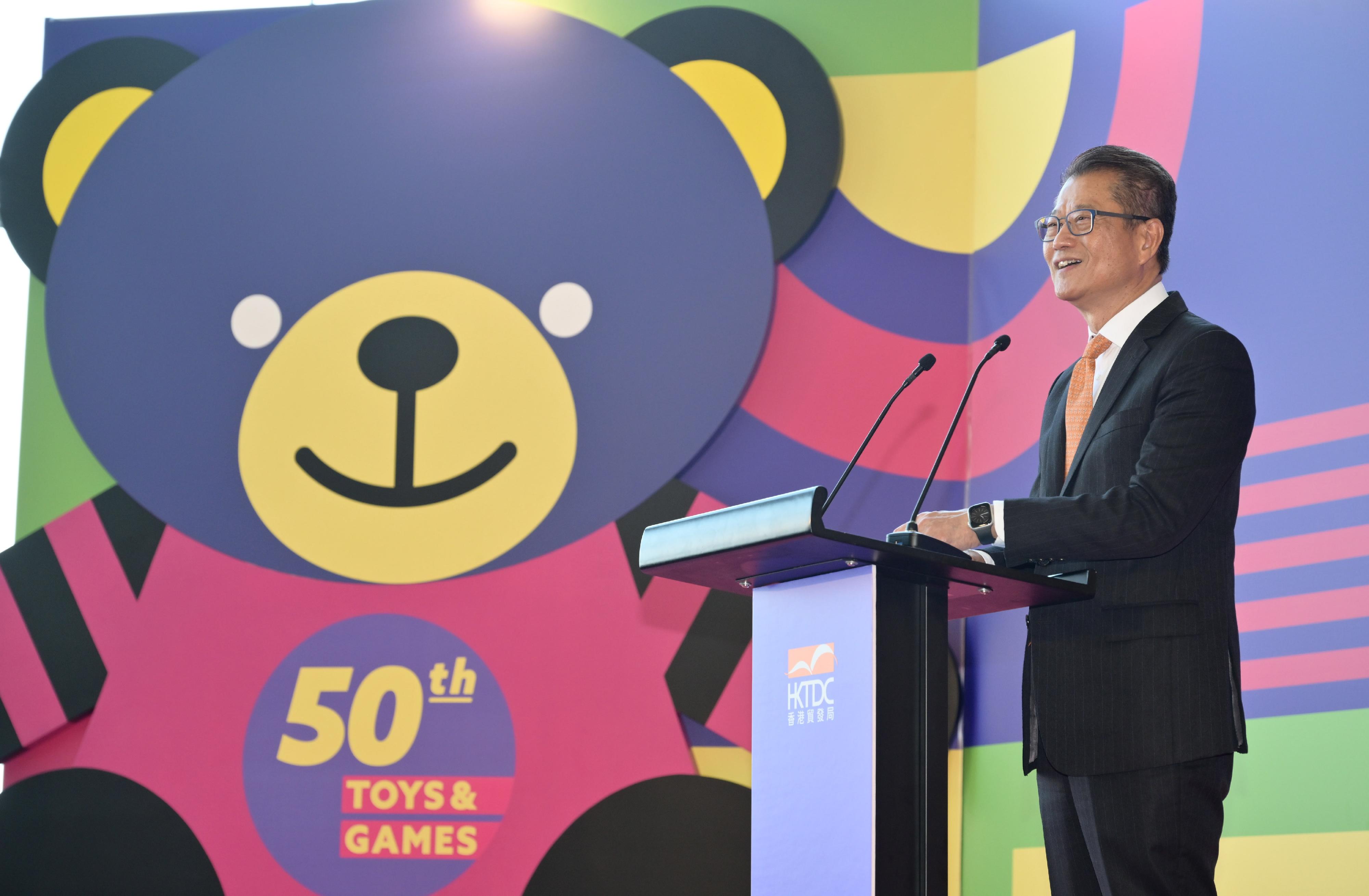 The Financial Secretary, Mr Paul Chan, speaks at the Joint Opening Ceremony of the HKTDC Hong Kong Toys & Games Fair and HKTDC Hong Kong Baby Products Fair 2024 organised by the Hong Kong Trade Development Council (HKTDC) this morning (January 8).