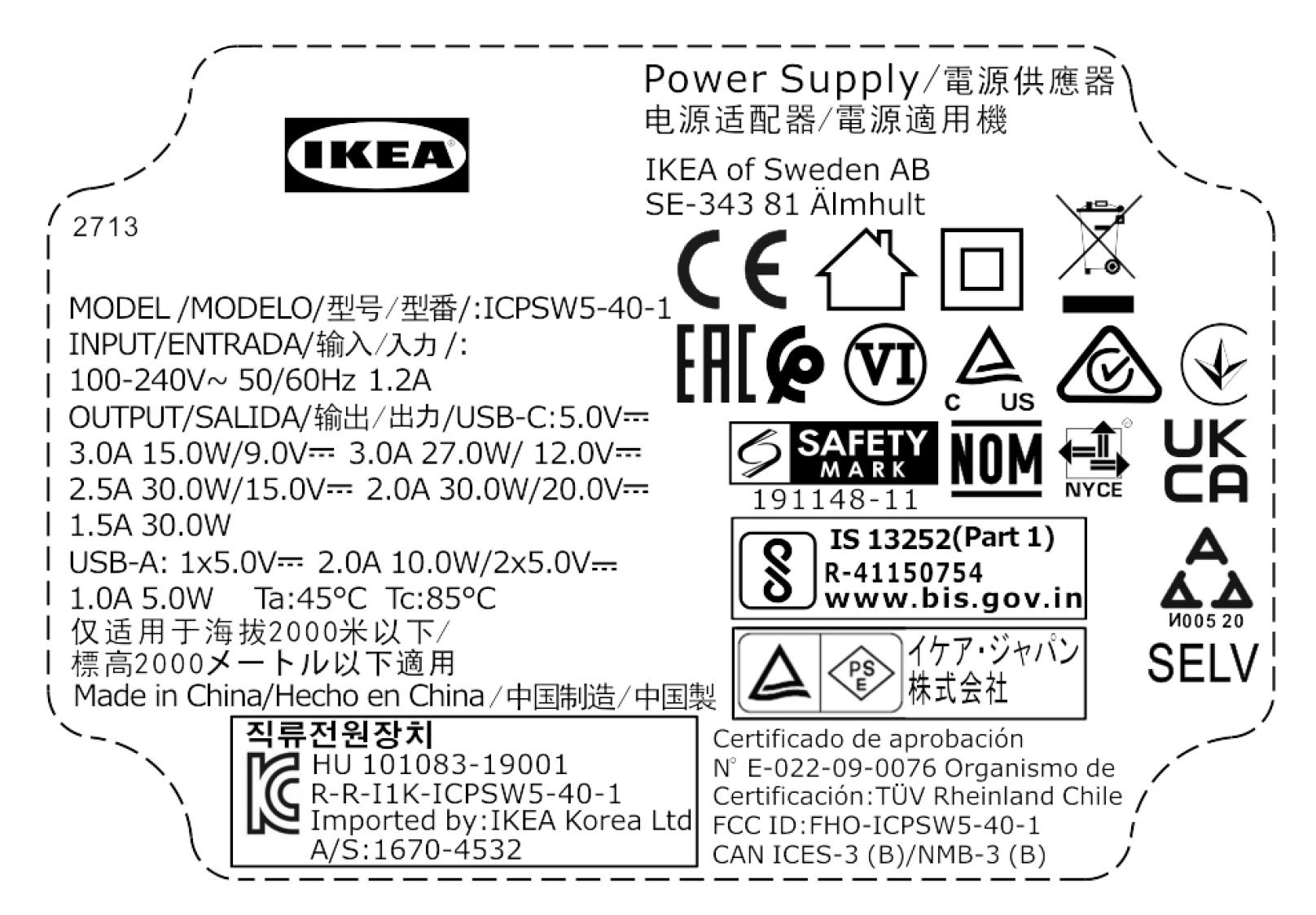 機電工程署今日（一月十日）呼籲市民停用一款宜家家居ÅSKSTORM 40W USB充電器。圖示該款充電器背面的標籤。