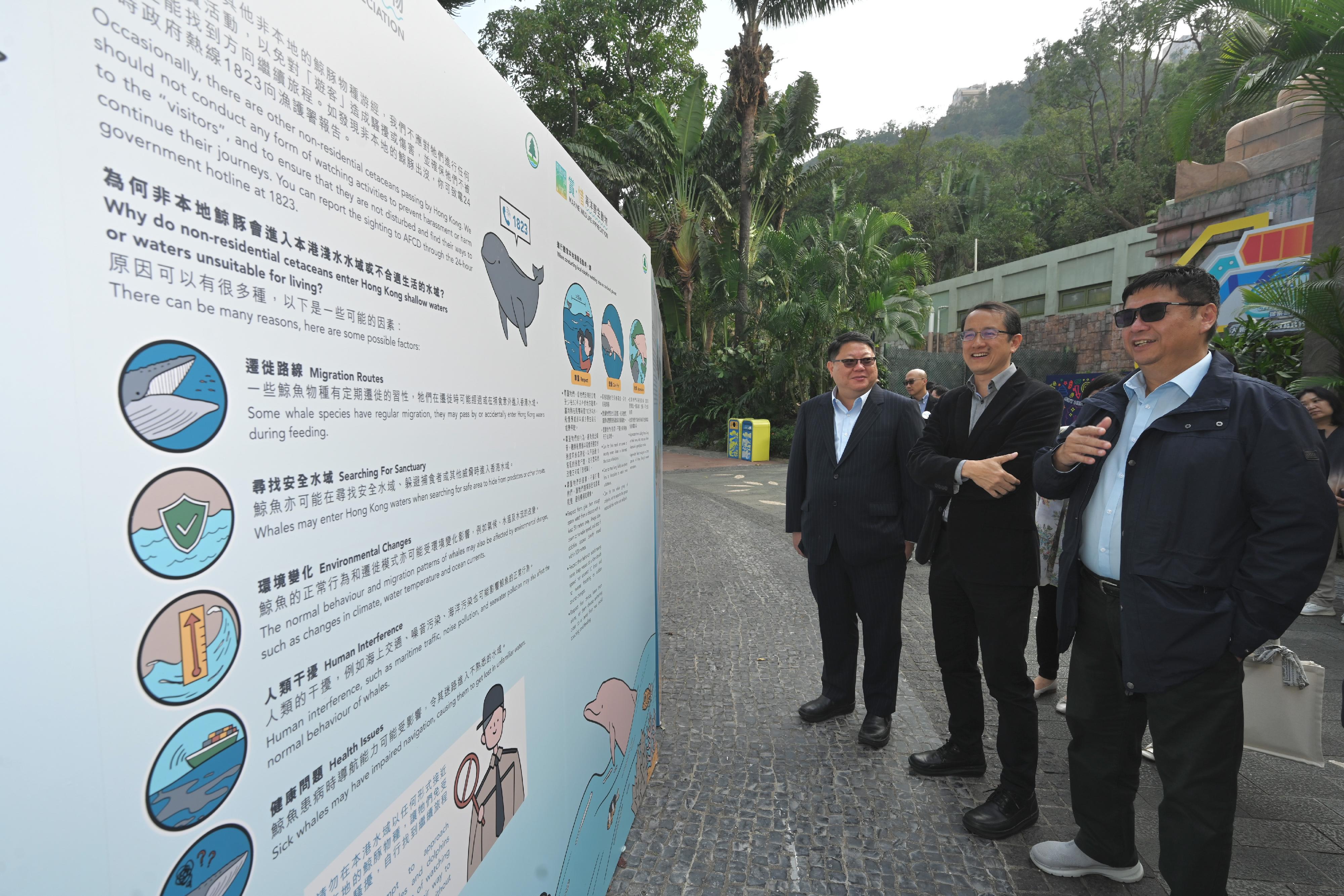 The Marine Wildlife Appreciation Festival organised by the Agriculture, Fisheries and Conservation Department (AFCD) was launched today (January 11), with a view to promoting respect, care, and appreciation for marine wildlife among the public. Photo shows the AFCD Assistant Director (Fisheries and Marine Conservation), Mr Patrick Lai (second right), and other guests viewing exhibition panels.