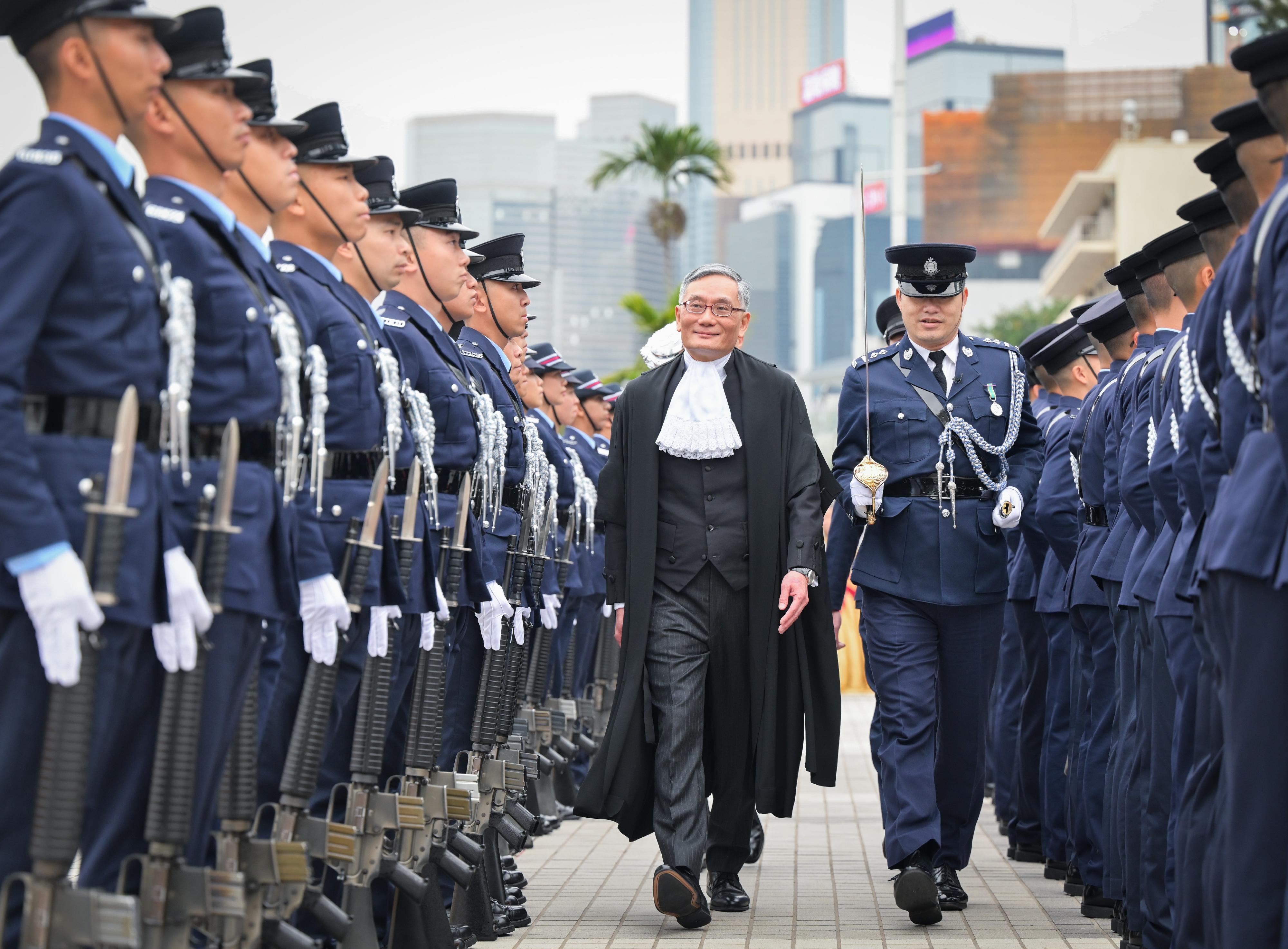 Chief Justice Andrew Cheung Kui-nung, Chief Justice of the Court of Final Appeal, inspects a Ceremonial Guard mounted by the Hong Kong Police Force at Edinburgh Place during the Ceremonial Opening of the Legal Year 2024 today (January 22).
