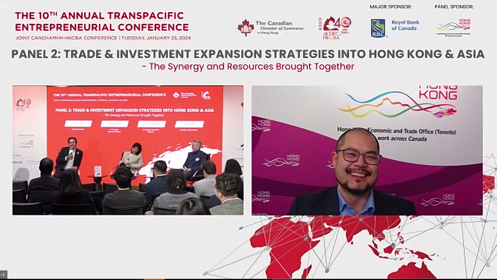 The Head of Business and Talent Attraction/Investment Promotion of Invest Hong Kong (Toronto Office), Mr Christopher Chen, shares insights at the second panel of the 10th Annual Transpacific Entrepreneurial Conference on "Trade & Investment Expansion Strategies into Hong Kong and Asia".