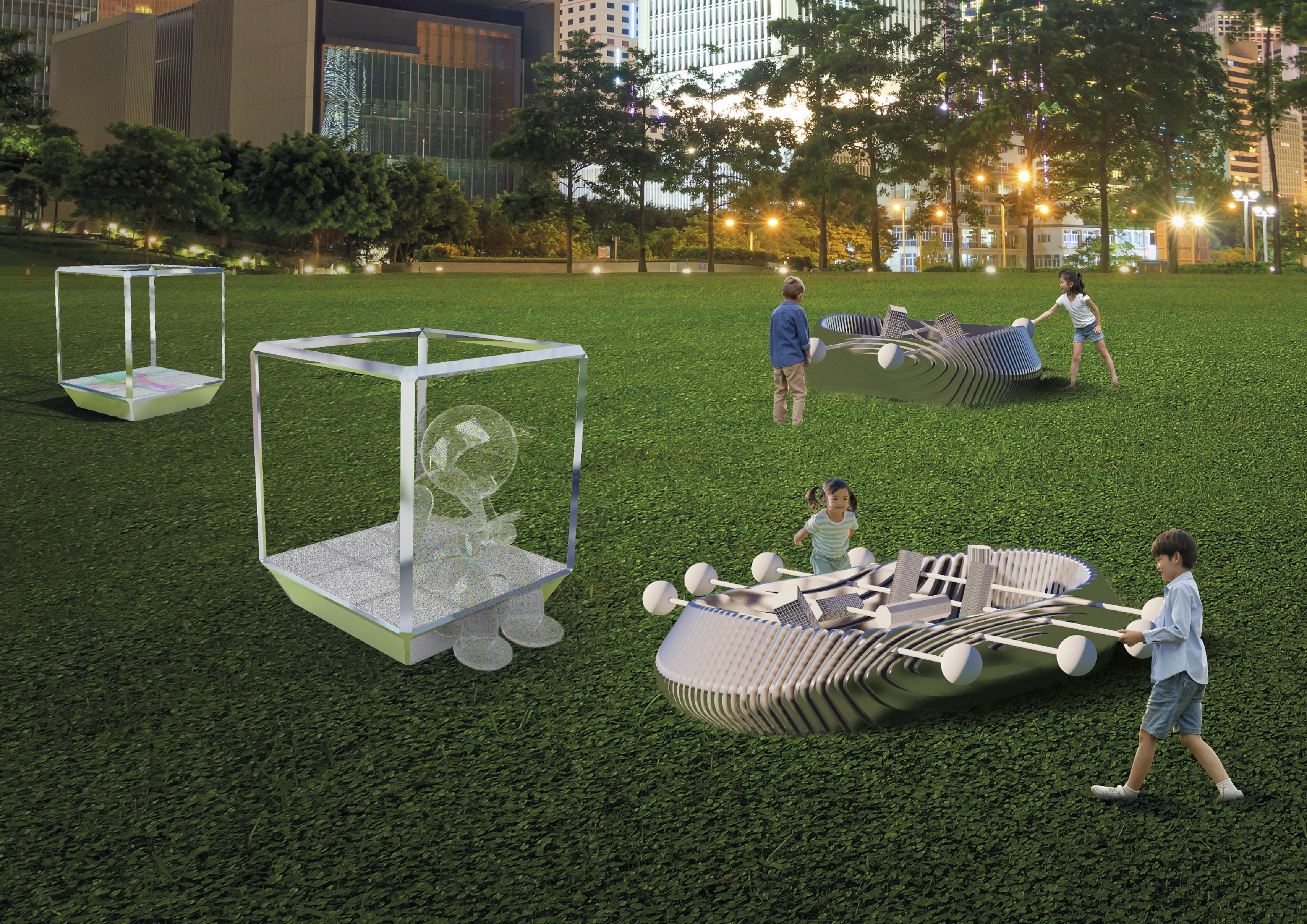 The Leisure and Cultural Services Department will present the large-scale outdoor art project "Art@Harbour 2024" on both sides of Victoria Harbour from March 25 to June 2. Picture shows the illustration of "Harbour Cup" by local art group LAAB Architects and "Schrödinger's Bed" by local artist Dylan Kwok. 