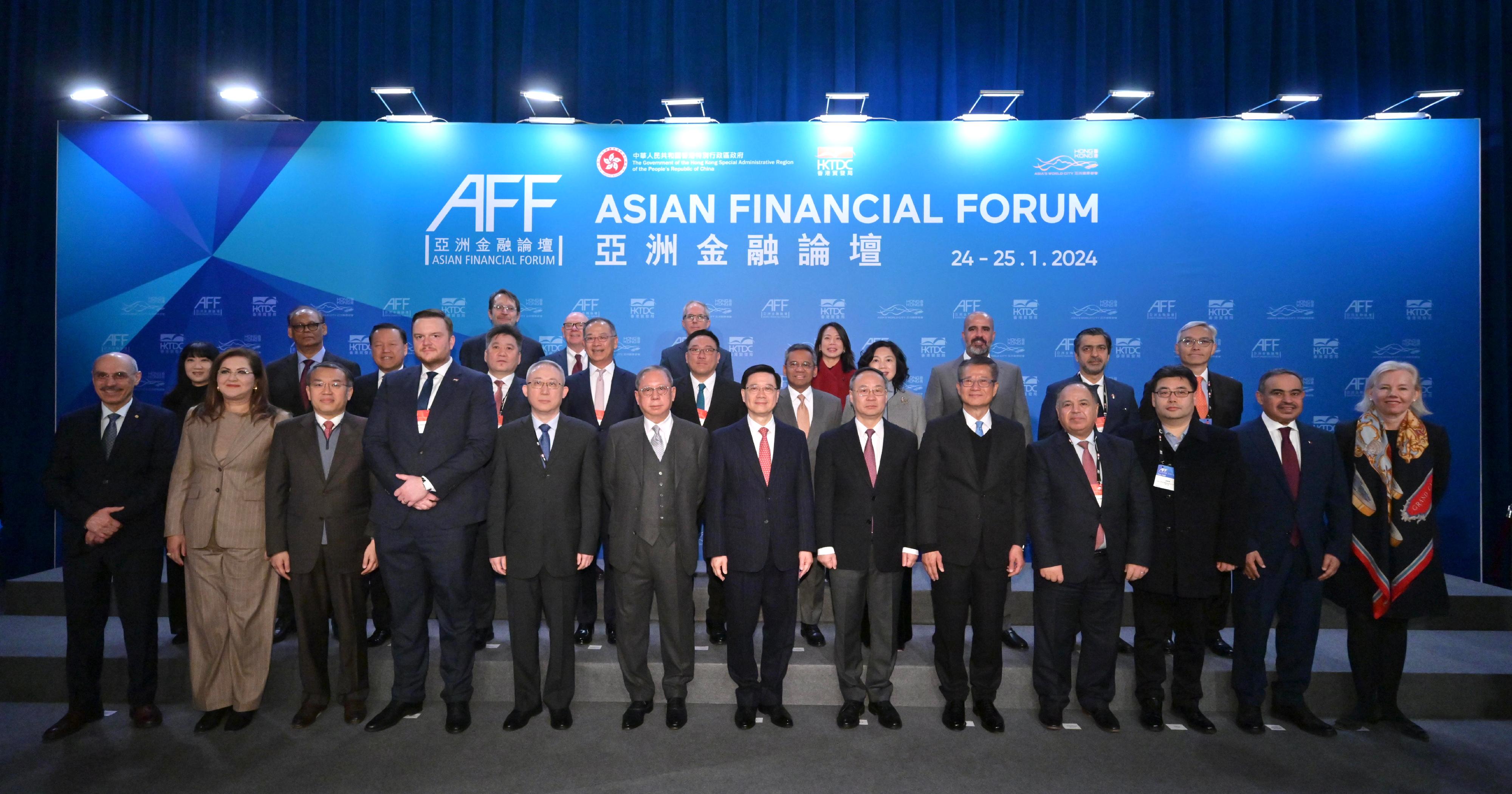 The Chief Executive, Mr John Lee, attended the Asian Financial Forum today (January 24). Photo shows Mr Lee (first row, centre); the Minister of the National Financial Regulatory Administration, Mr Li Yunze (first row, sixth right); the Acting Commissioner of the Office of the Commissioner of the Ministry of Foreign Affairs of the People's Republic of China in the Hong Kong Special Administrative Region, Mr Li Yongsheng (first row, fifth left); the Financial Secretary, Mr Paul Chan (first row, fifth right); the Secretary for Financial Services and the Treasury, Mr Christopher Hui (first row, third left); the Chairman of the Hong Kong Trade Development Council, Dr Peter Lam (first row, sixth left), and other guests at the forum. 