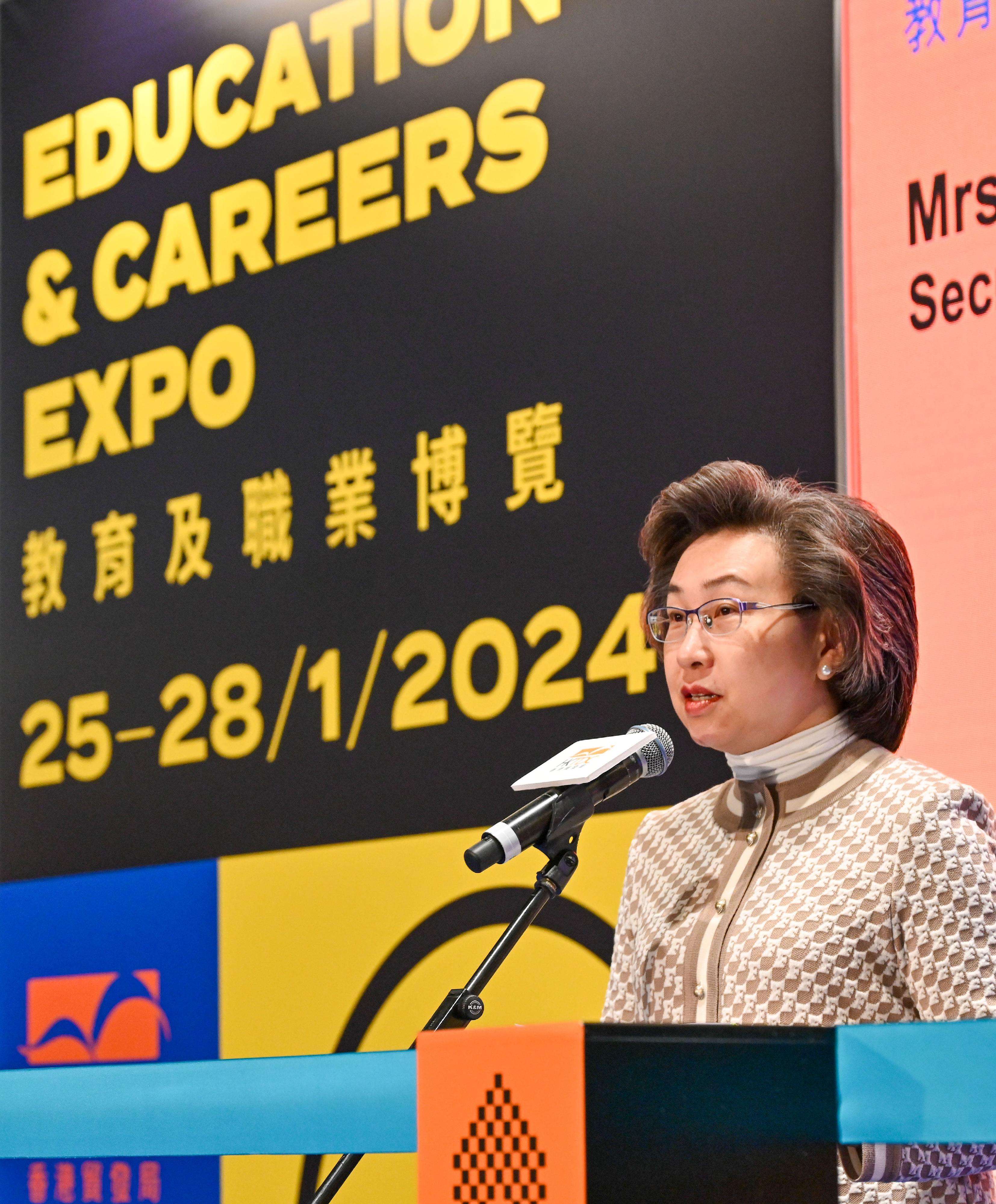 The Civil Service Bureau and various government bureaux and departments have set up booths at the Education & Careers Expo 2024 at the Hong Kong Convention and Exhibition Centre from today (January 25) for four consecutive days to publicise the work and related information of different civil service grades to enhance public understanding of the work of government departments and encourage people with aspirations to serve the community to join the civil service. Photo shows the Secretary for the Civil Service, Mrs Ingrid Yeung, addressing the opening ceremony.