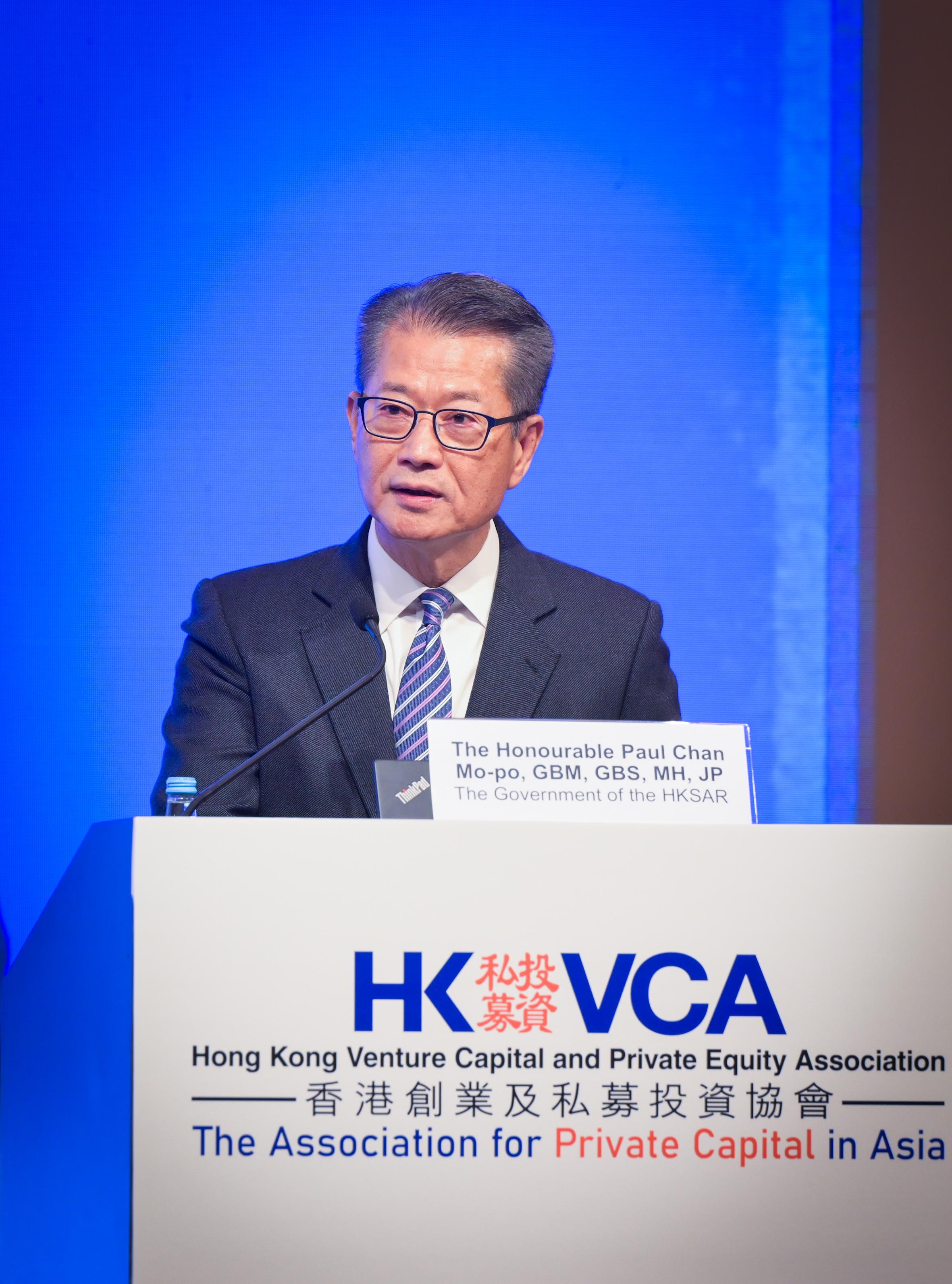 The Financial Secretary, Mr Paul Chan, speaks at the Asia Private Equity Forum 2024 held by the Hong Kong Venture Capital and Private Equity Association today (January 26).