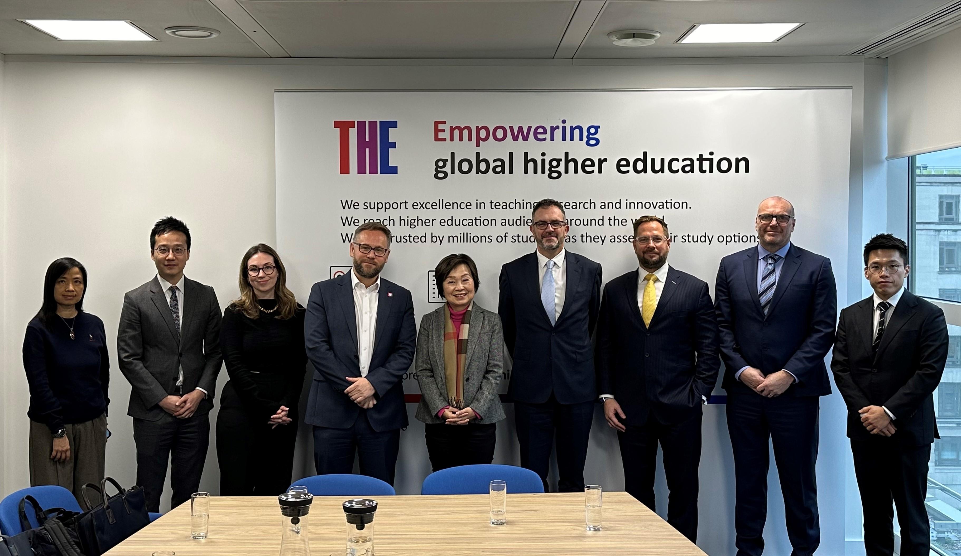 The Secretary for Education, Dr Choi Yuk-lin (centre), visited the Times Higher Education (THE), the organisation that publishes the THE World University Rankings, in London, the United Kingdom, on January 23 (London time) and met its representatives to understand the developments and challenges of the international higher education sector.