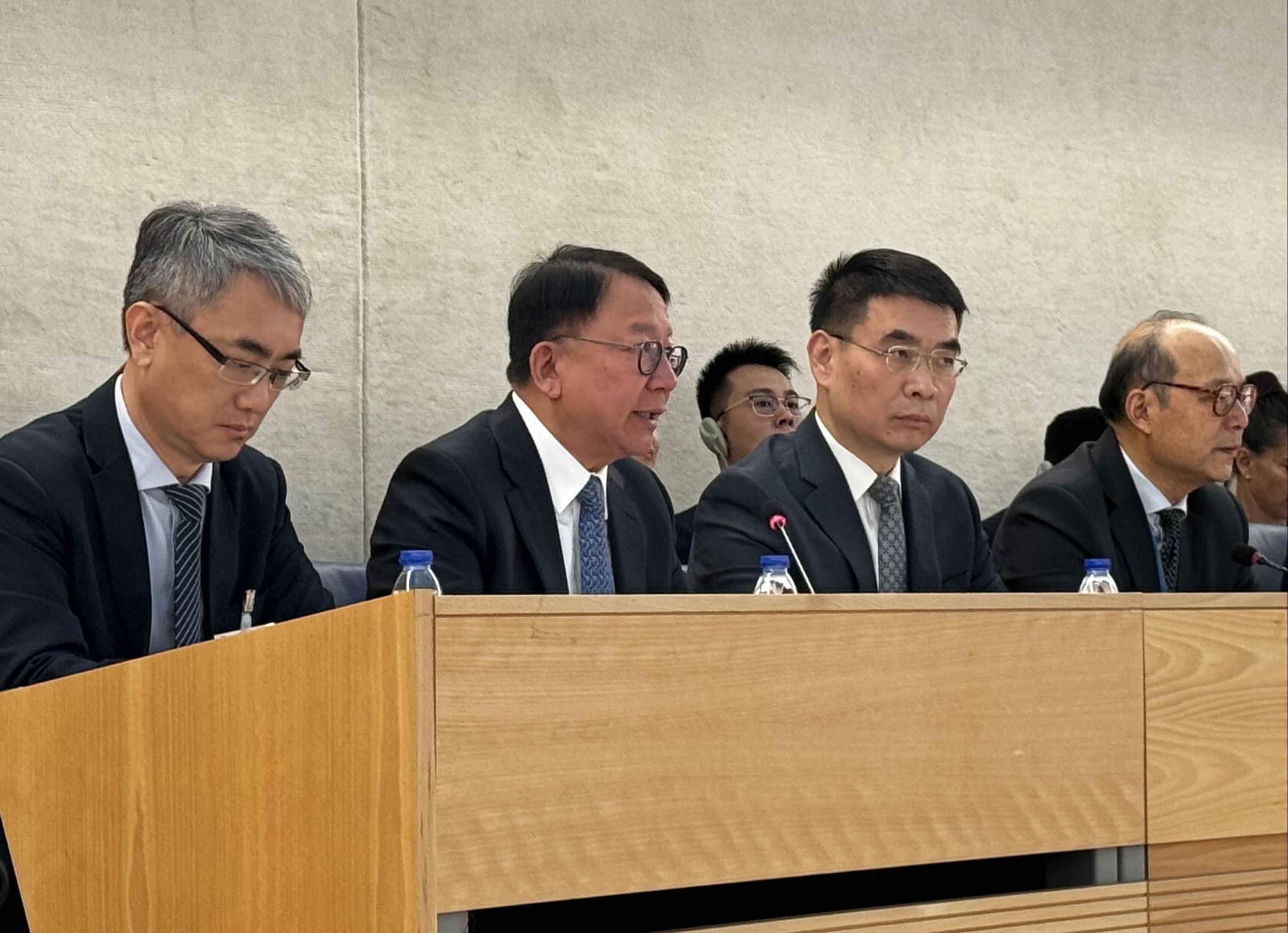 The Chief Secretary for Administration, Mr Chan Kwok-ki, attended meetings of the Universal Periodic Review Working Group of the United Nations Human Rights Council in Geneva, Switzerland, on January 23 and 26 (Geneva time). Picture shows Mr Chan (second left) delivering remarks during the meeting of the Working Group on January 23. 