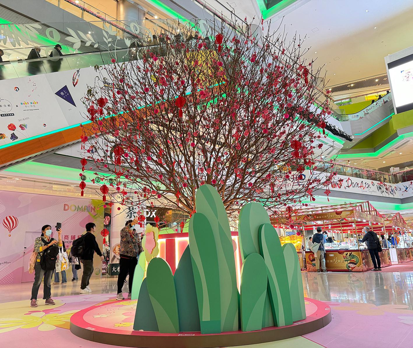 To welcome the Year of the Dragon, the Hong Kong Housing Authority has arranged celebratory events for shoppers to celebrate the new year and help boost the economy. Photo shows a 4-metre-tall real peach tree with blossoms at the ground floor atrium of the regional shopping centre, Domain, in Yau Tong.