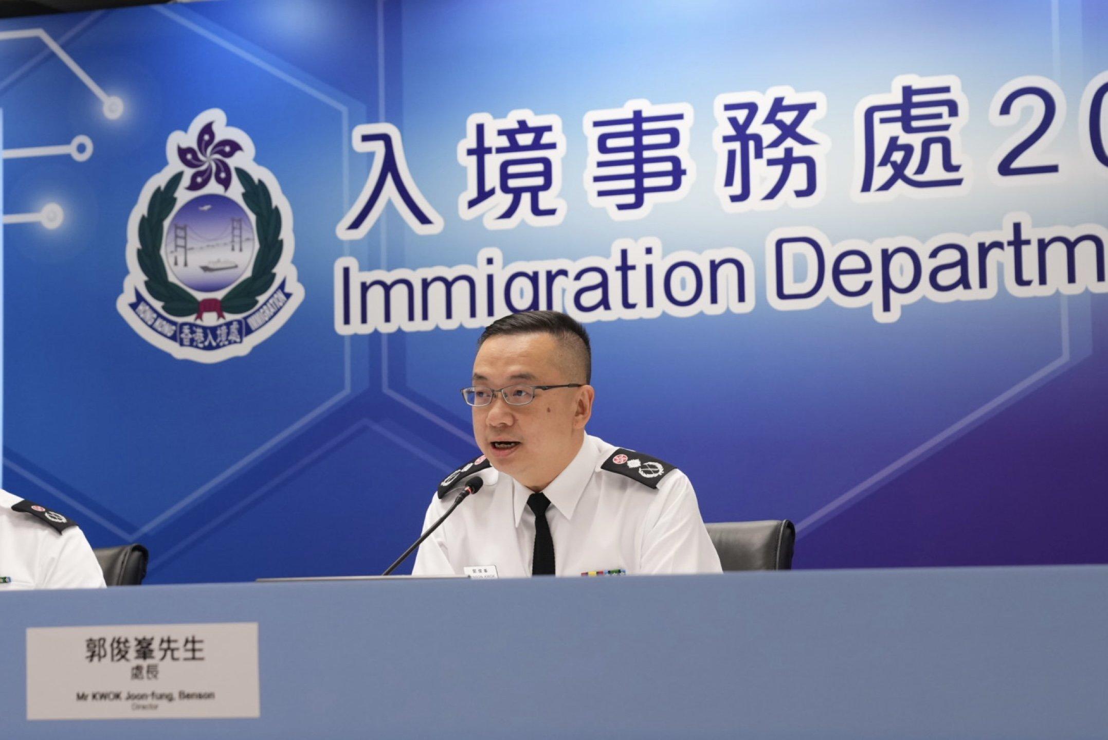 The Immigration Department's year-end review of 2023 was held today (February 8). Photos shows the Director of Immigration, Mr Benson Kwok, chairing the press conference.