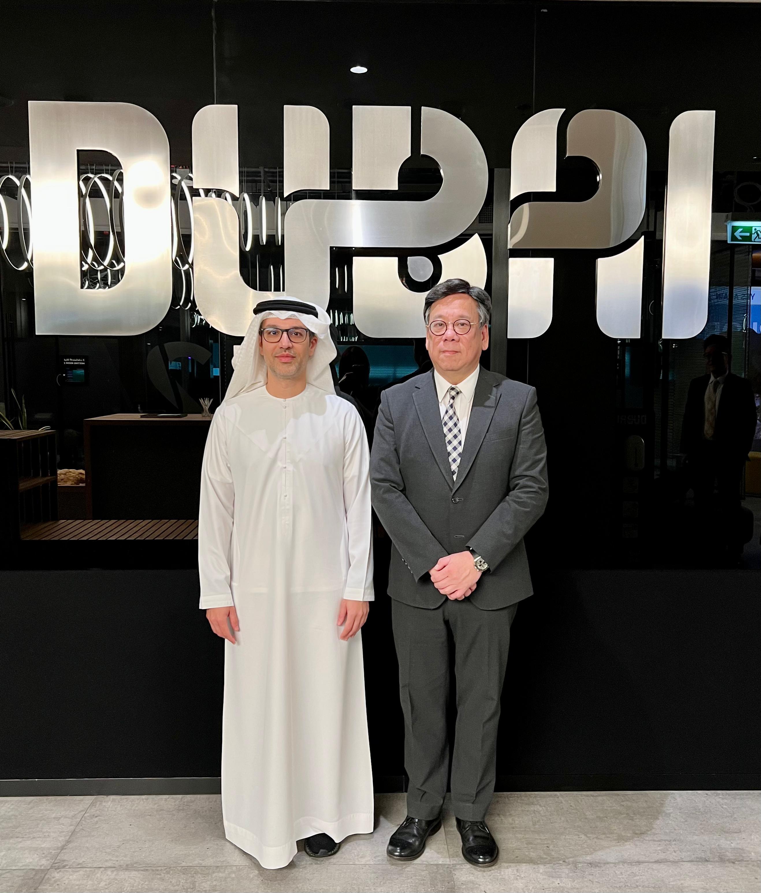 The Secretary for Commerce and Economic Development, Mr Algernon Yau, attended the World Governments Summit 2024 in Dubai, the United Arab Emirates. During his stay in Dubai, Mr Yau (right) today (February 13) met with the Chief Executive Officer of Economic Development at the Dubai Department of Economy and Tourism, Mr Hadi Badri (left).