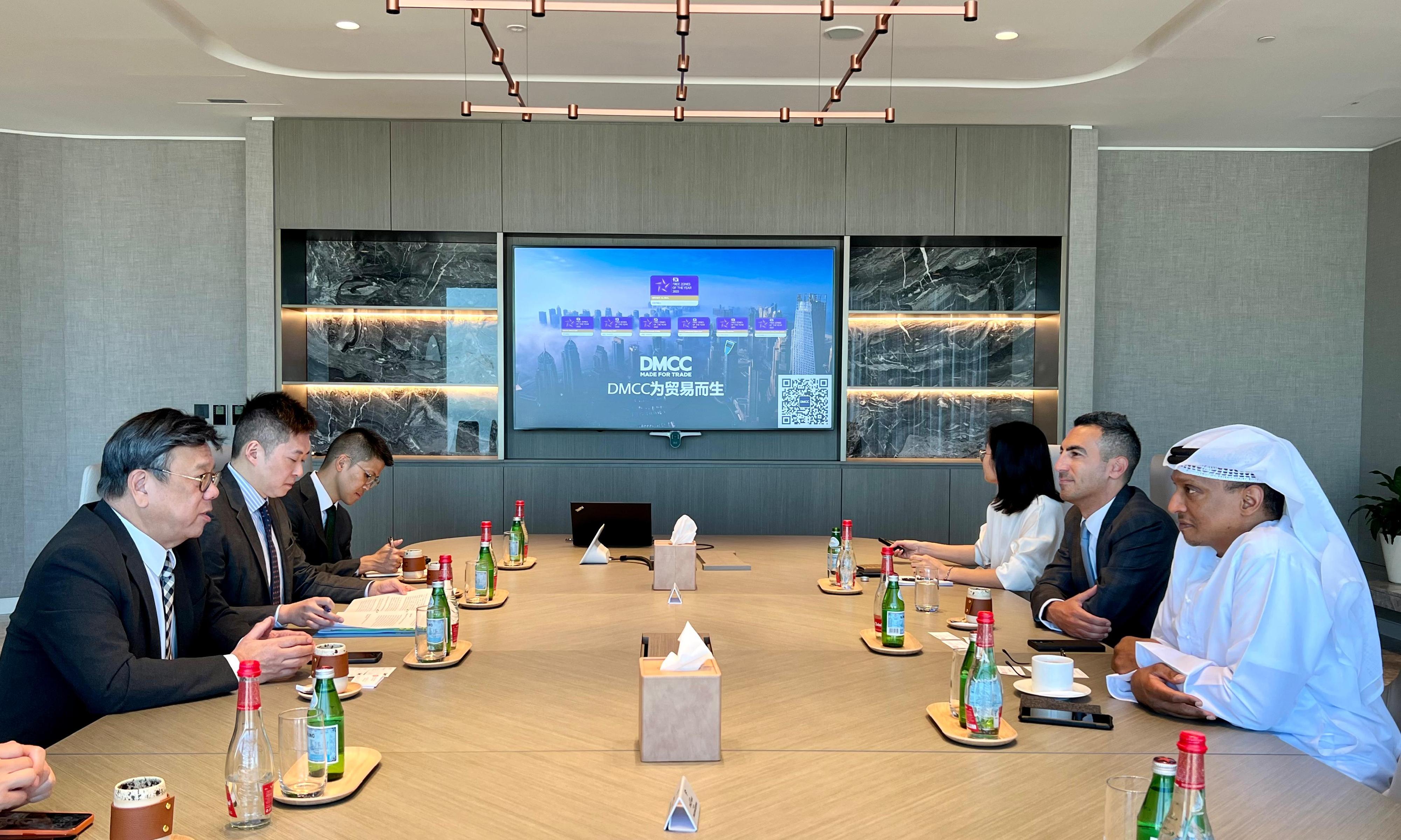 The Secretary for Commerce and Economic Development, Mr Algernon Yau, attended the World Governments Summit 2024 in Dubai, the United Arab Emirates. During his stay in Dubai, Mr Yau (first left) today (February 13) met with the Executive Director of Free Zone at the Dubai Multi Commodities Centre, Mr Ahmad Hamza (first right).