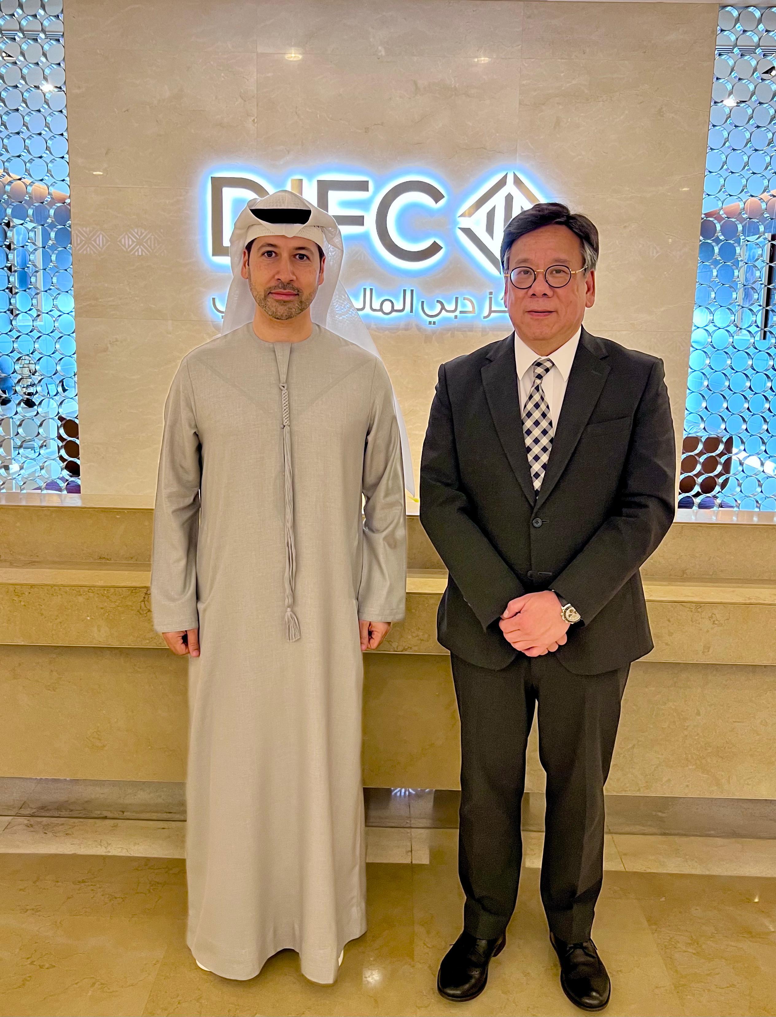 The Secretary for Commerce and Economic Development, Mr Algernon Yau, attended the World Governments Summit 2024 in Dubai, the United Arab Emirates. During his stay in Dubai, Mr Yau (right) today (February 13) met with the Chief Executive Officer of the Dubai International Financial Centre Authority, Mr Arif Amiri (left).