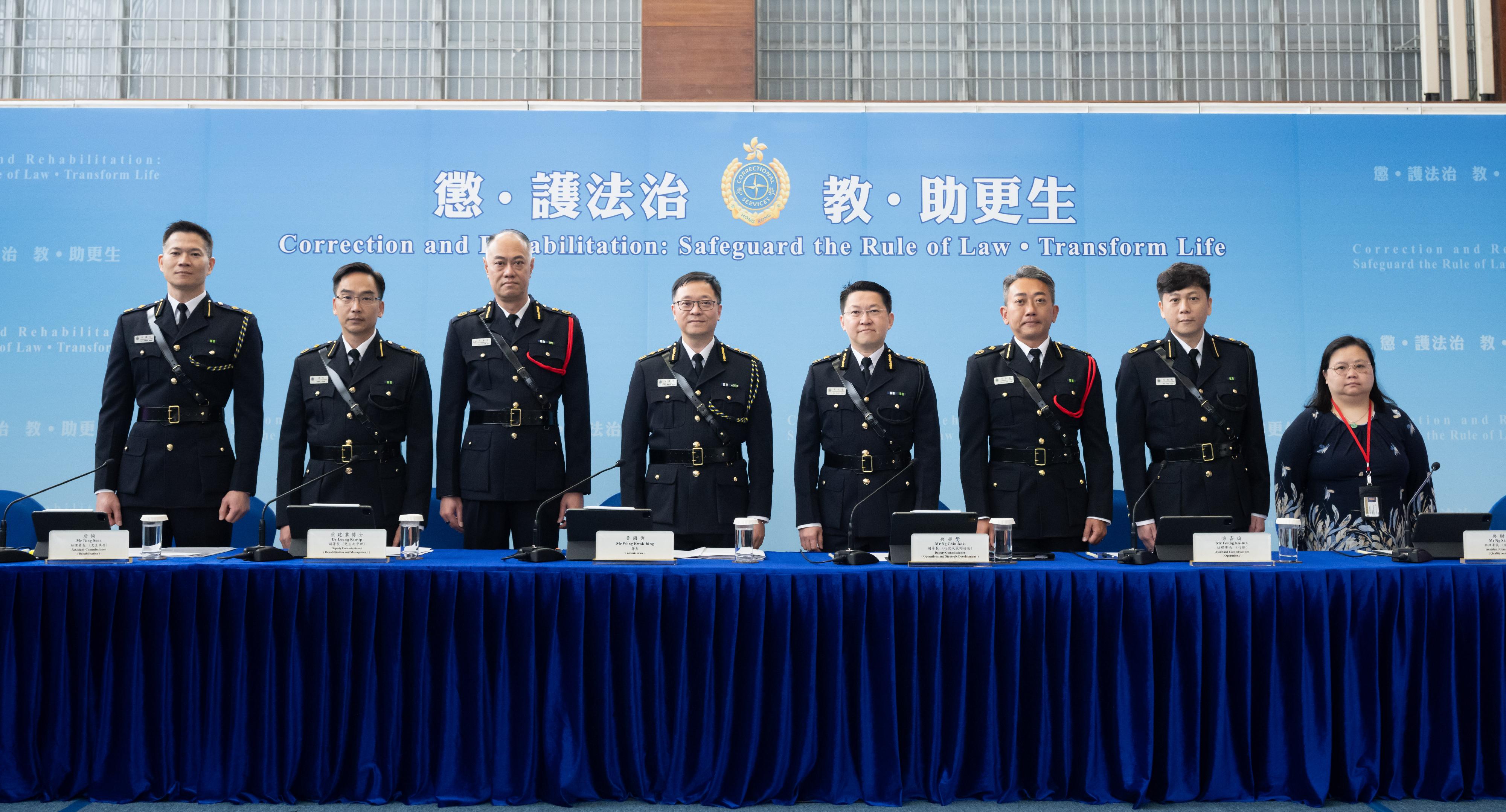 The Commissioner of Correctional Services, Mr Wong Kwok-hing, today (February 22) hosted the annual press conference on the Correctional Services Department's work in 2023. Directorate officers attending the press conference were (from left) the Assistant Commissioner (Human Resource), Mr Ho Kwok-man; the Assistant Commissioner (Rehabilitation), Mr Tong Soen; the Deputy Commissioner (Rehabilitation and Management), Dr Leung Kin-ip; Mr Wong; the Deputy Commissioner (Operations and Strategic Development), Mr Ng Chiu-kok; the Assistant Commissioner (Operations), Mr Leung Ka-lun; the Assistant Commissioner (Quality Assurance), Mr Ng Shu-fan, and the Civil Secretary, Dr Janet Wong.