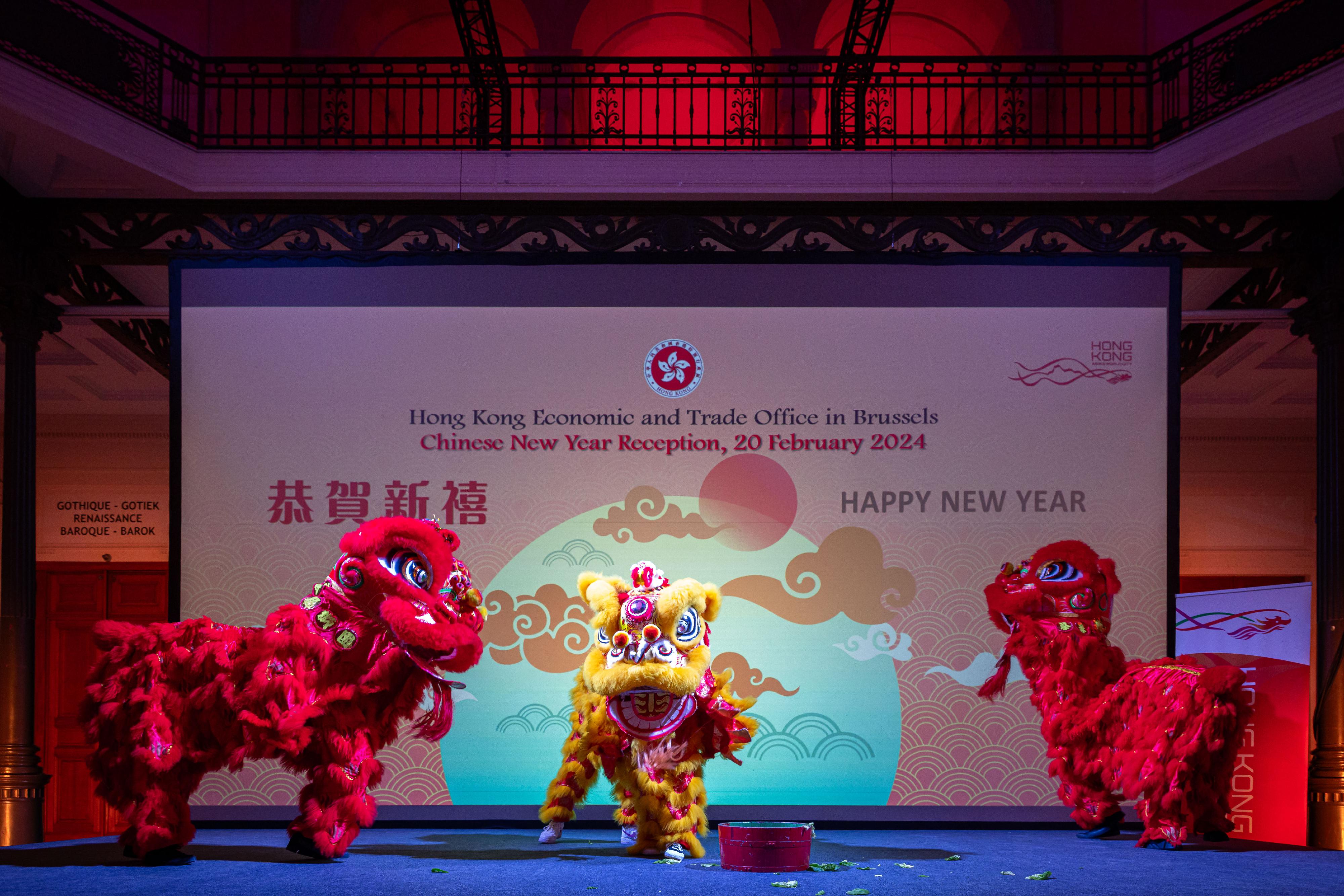 Photo shows the traditional lion dance staged in the Chinese New Year reception held in Brussels, Belgium on February 20 (Brussels time).