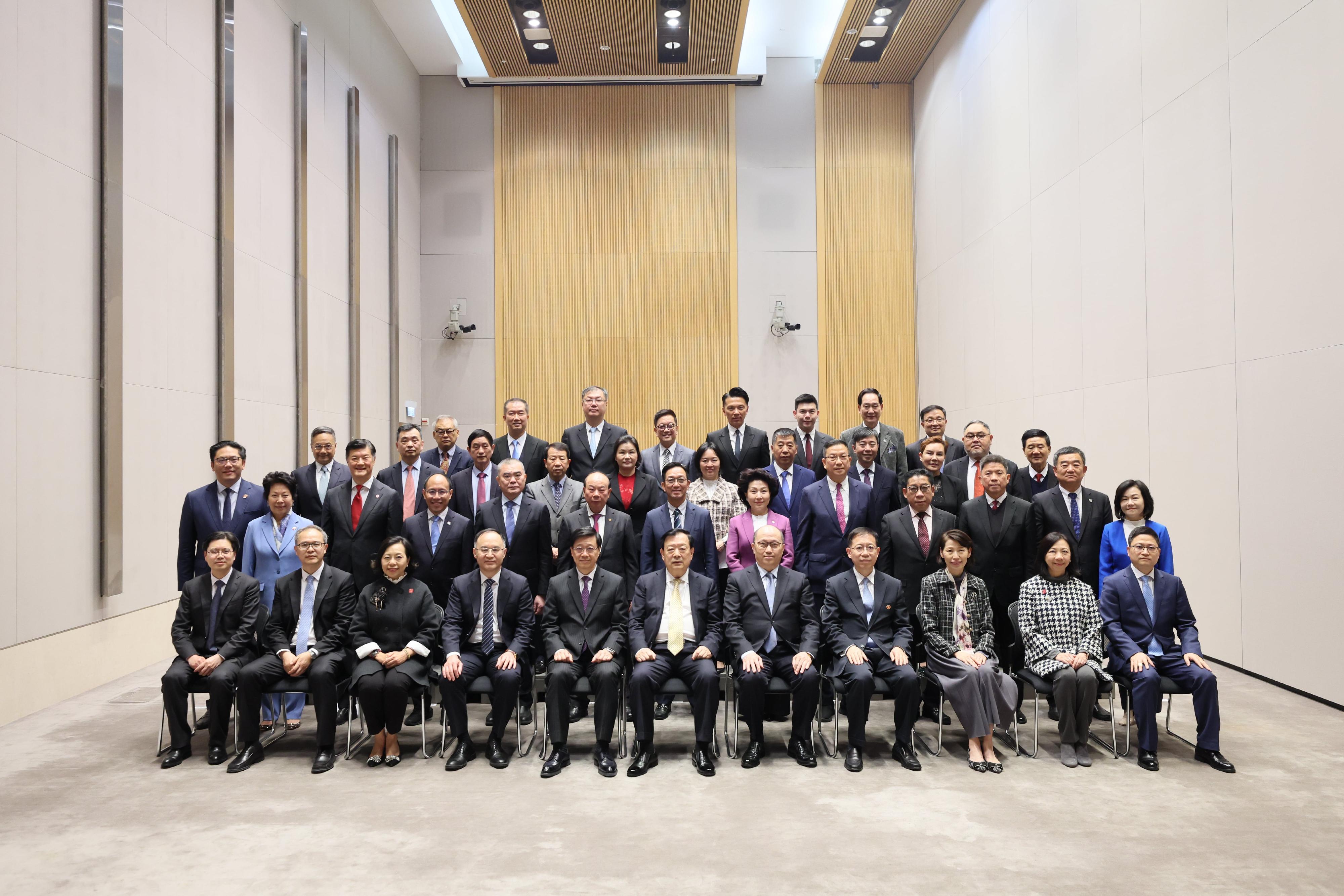 The Director of the Hong Kong and Macao Work Office of the Communist Party of China Central Committee and the Hong Kong and Macao Affairs Office of the State Council, Mr Xia Baolong, today (February 26) continued his inspection visit to Hong Kong. Photo shows Mr Xia (front row, centre), in the company of the Chief Executive, Mr John Lee (front row, fifth left), and the Secretary for Home and Youth Affairs, Miss Alice Mak (front row, third left), attending an exchange session with representatives from patriotic community groups with an affection for the country and the city.
