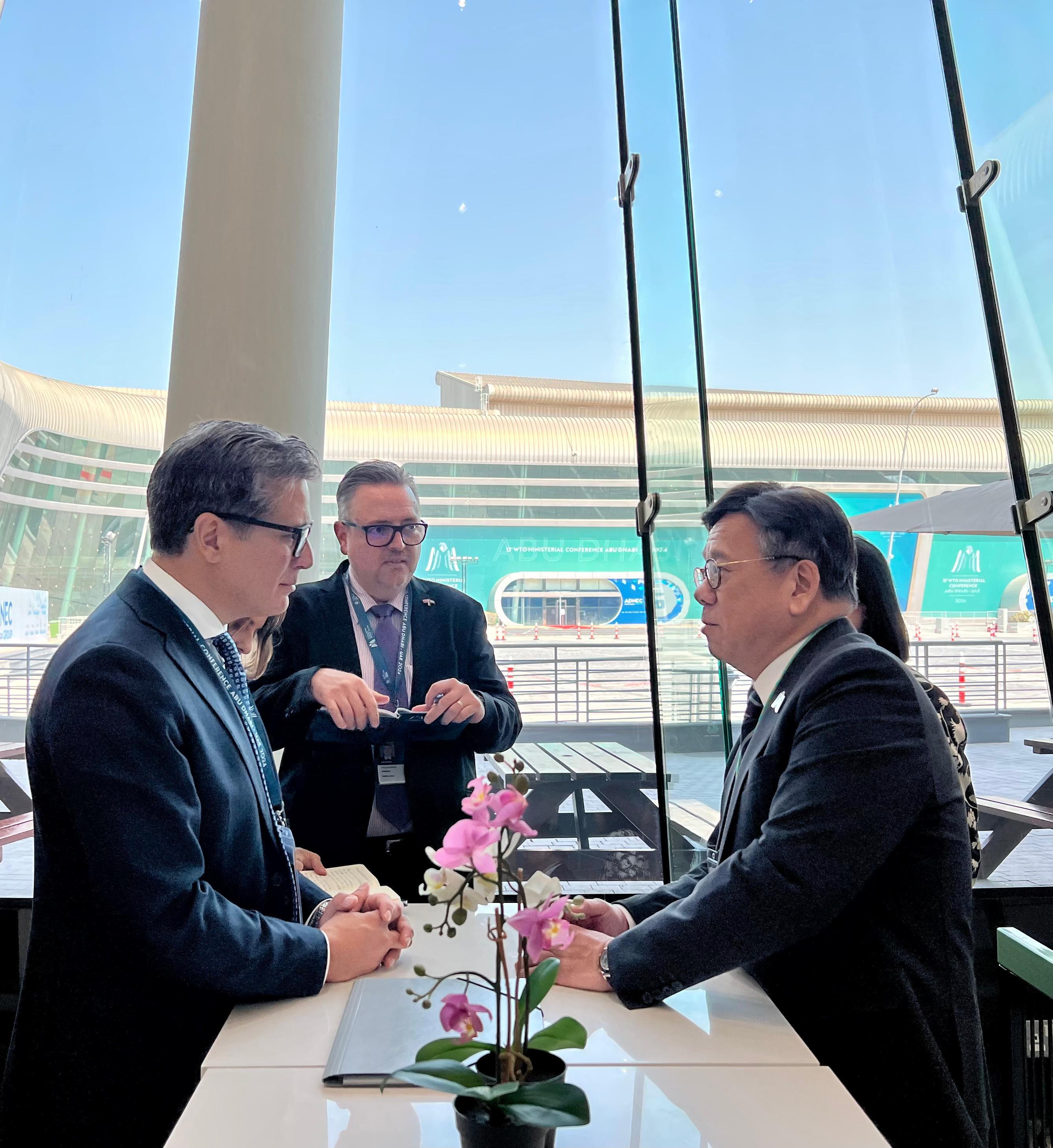 The Secretary for Commerce and Economic Development, Mr Algernon Yau (right), met with the Minister of Foreign Trade of Costa Rica, Mr Manuel Tovar Rivera (left), on the sidelines of the 13th World Trade Organization Ministerial Conference in Abu Dhabi, the United Arab Emirates, on February 28 (Abu Dhabi time) to exchange views on various trade and economic issues.