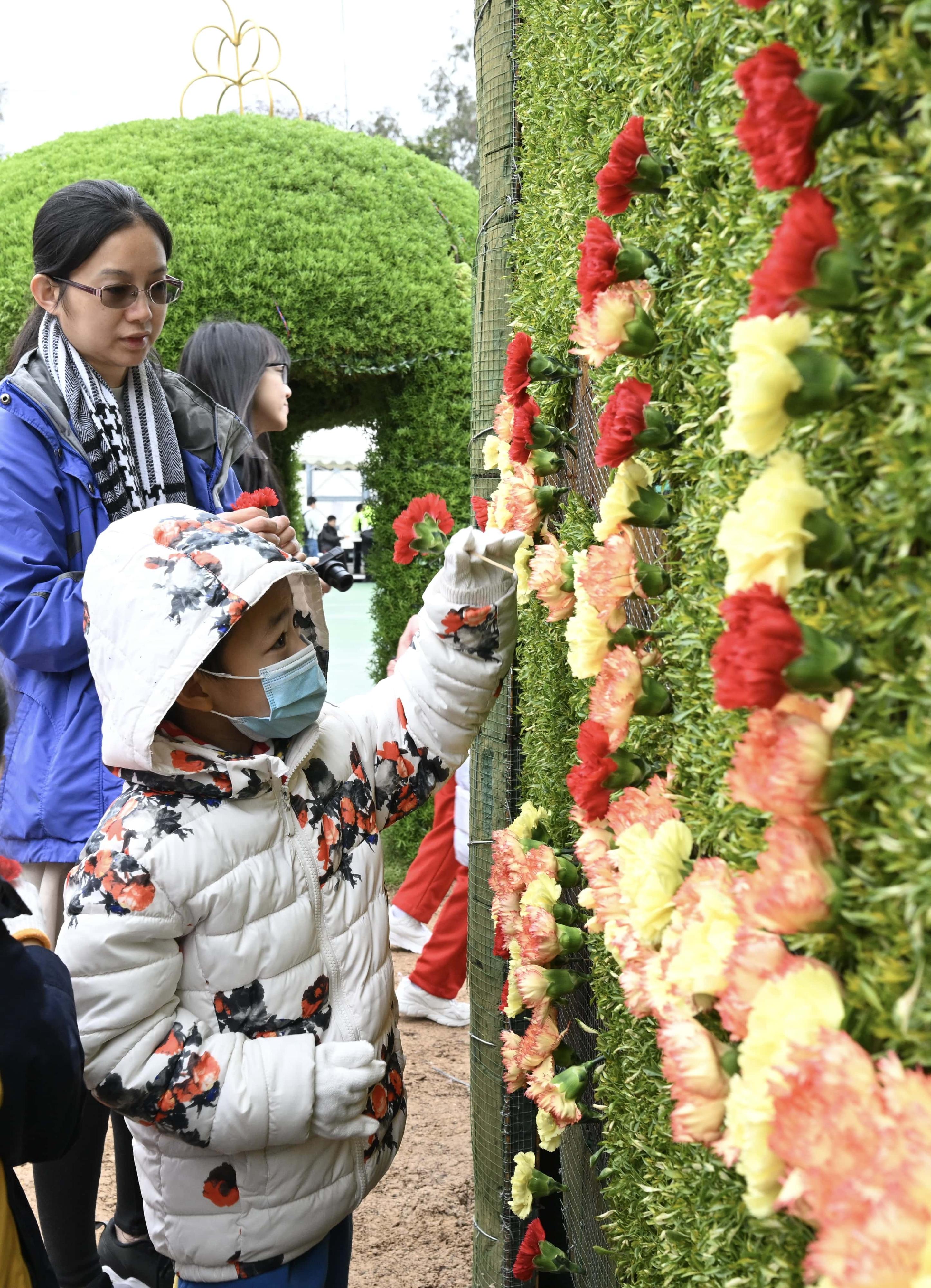 超过一千一百名来自三十八间学校的学生今日（三月二日）于维多利亚公园协助镶嵌大型花坛「糖果屋」。图示学生参与制作。