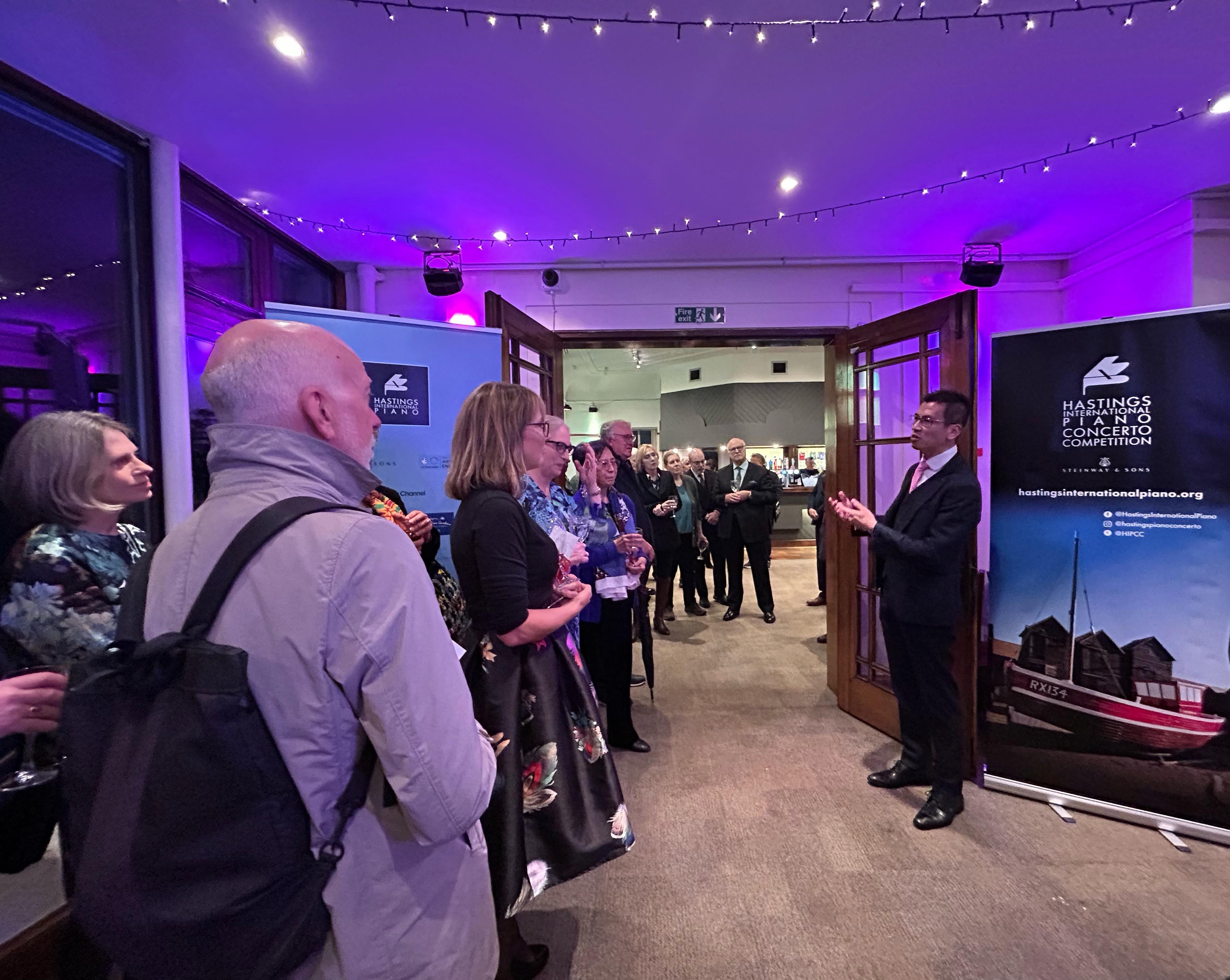 The Hong Kong Economic and Trade Office, London (London ETO) supports Hong Kong pianist and distinguished educator Professor Eleanor Wong’s cultural exchange tour in the United Kingdom. Photo shows the Director of the London ETO, Mr Gilford Law (first right) speaking at the reception.