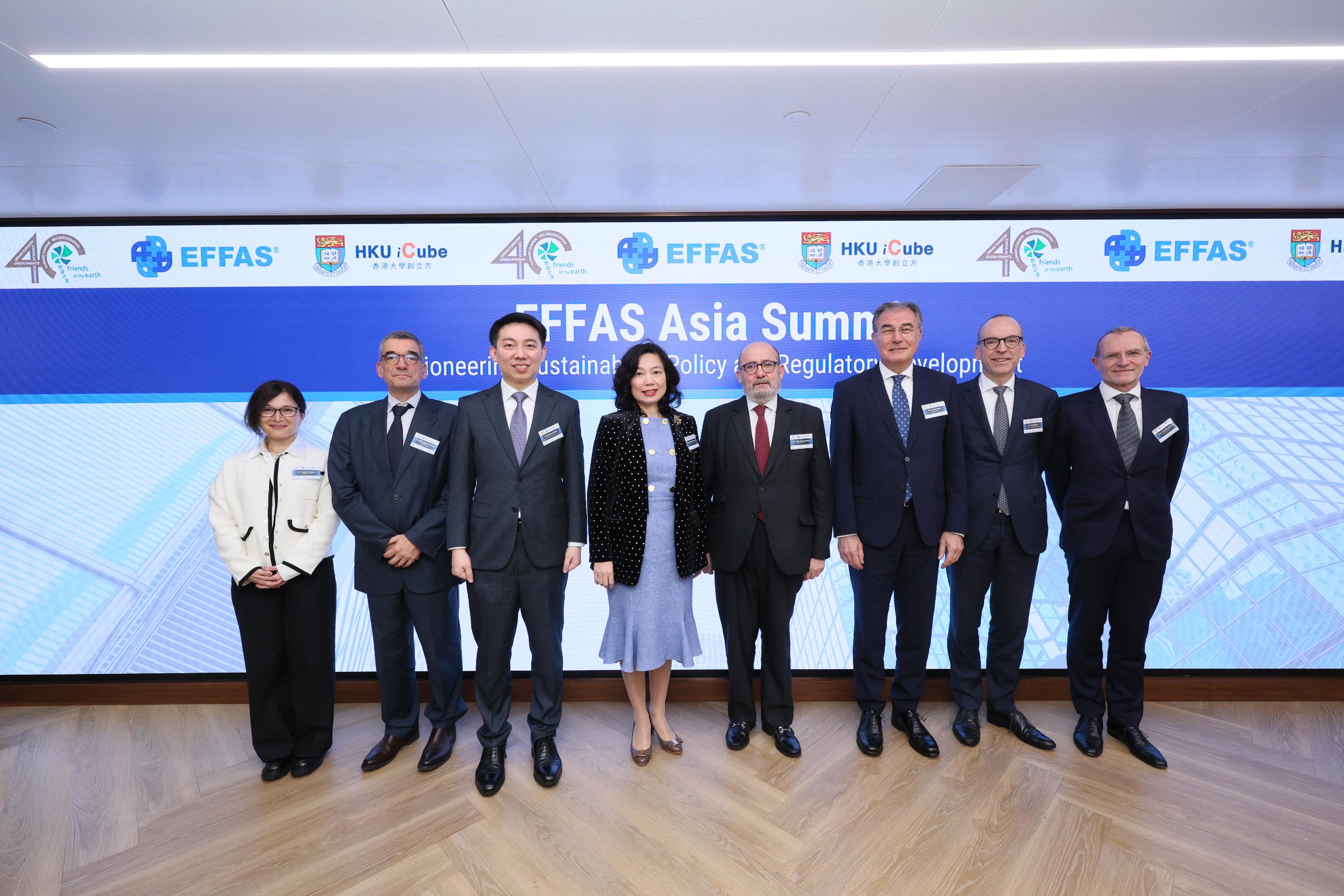 The Permanent Secretary for Financial Services and the Treasury (Financial Services), Ms Salina Yan, today (March 4) delivered officiating speech at the European Federation of Financial Analysts Societies (EFFAS) Asia Summit. Photo shows Ms Yan (fourth left) with other guests at the summit.