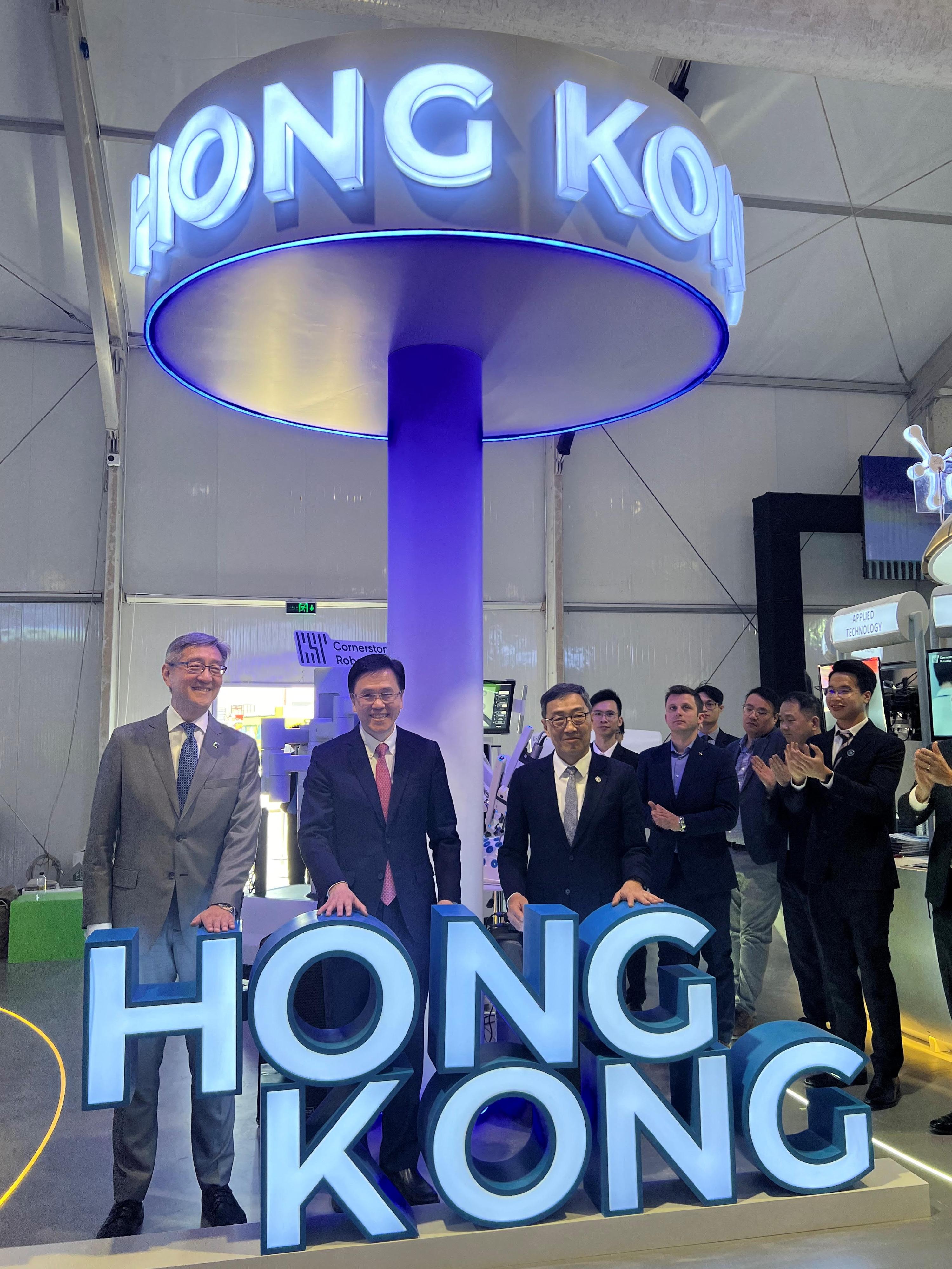 The Secretary for Innovation, Technology and Industry, Professor Sun Dong (second left), officiated at the opening ceremony of the Hong Kong Pavilion at the LEAP 2024 technology conference on March 4 (Riyadh time). Looking on are the Chief Executive Officer of the Hong Kong Science and Technology Parks Corporation, Mr Albert Wong (third left), and the Chief Executive Officer of the Hong Kong Cyberport Management Company Limited, Mr Peter Yan (first left).