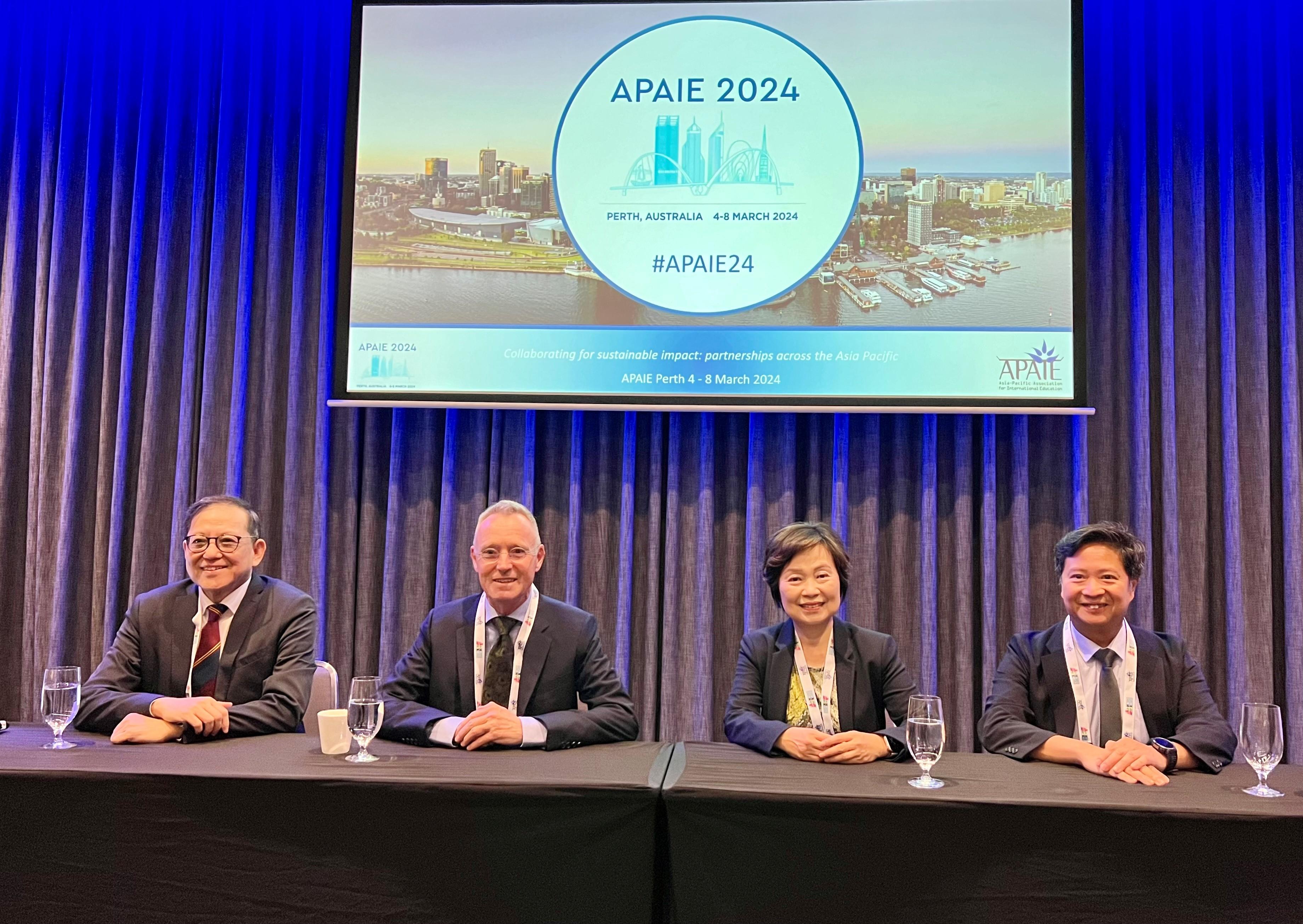 The Secretary for Education, Dr Choi Yuk-lin, delivered a speech at the “Study in Hong Kong” Seminar of the Asia-Pacific Association for International Education 2024 Conference and Exhibition in Perth, Australia, today (March 6, Perth time). Photo shows Dr Choi (second right) with other speakers, namely the Secretary-General of the University Grants Committee, Professor James Tang (first left); the Vice-President and Pro-Vice-Chancellor (Teaching and Learning) of the University of Hong Kong, Professor Ian Holliday (second left); and the Associate Vice President (Research) of the Education University of Hong Kong, Professor Ken Yung (first right).

