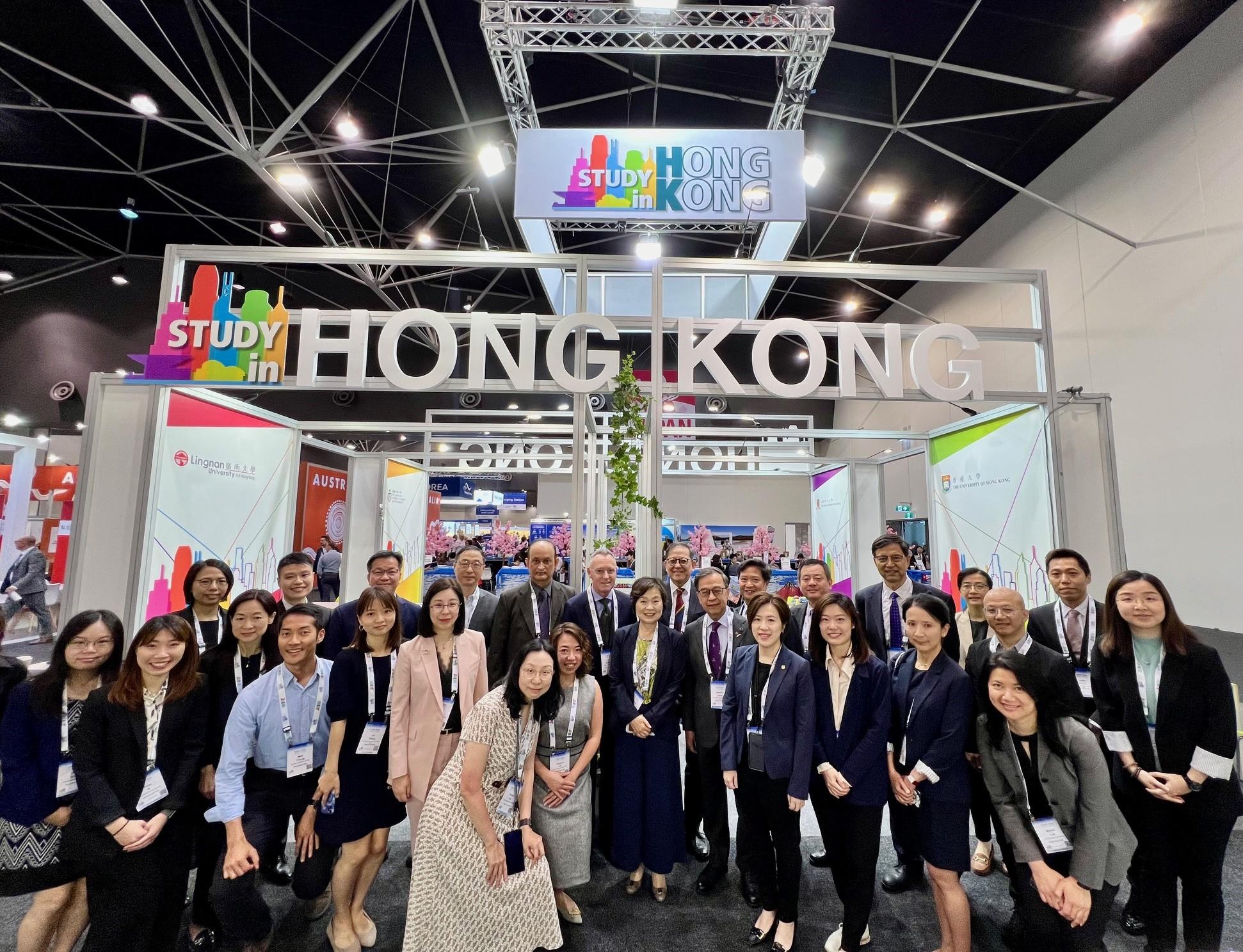The Secretary for Education, Dr Choi Yuk-lin, visited the Hong Kong Pavilion set up by the Heads of Universities Committee Standing Committee on Internationalisation and funded by the University Grants Committee at the Asia-Pacific Association for International Education 2024 Conference and Exhibition (APAIE) in Perth, Australia, today (March 6, Perth time). Photo shows Dr Choi (front row, sixth right) with university representatives participating in the APAIE.
