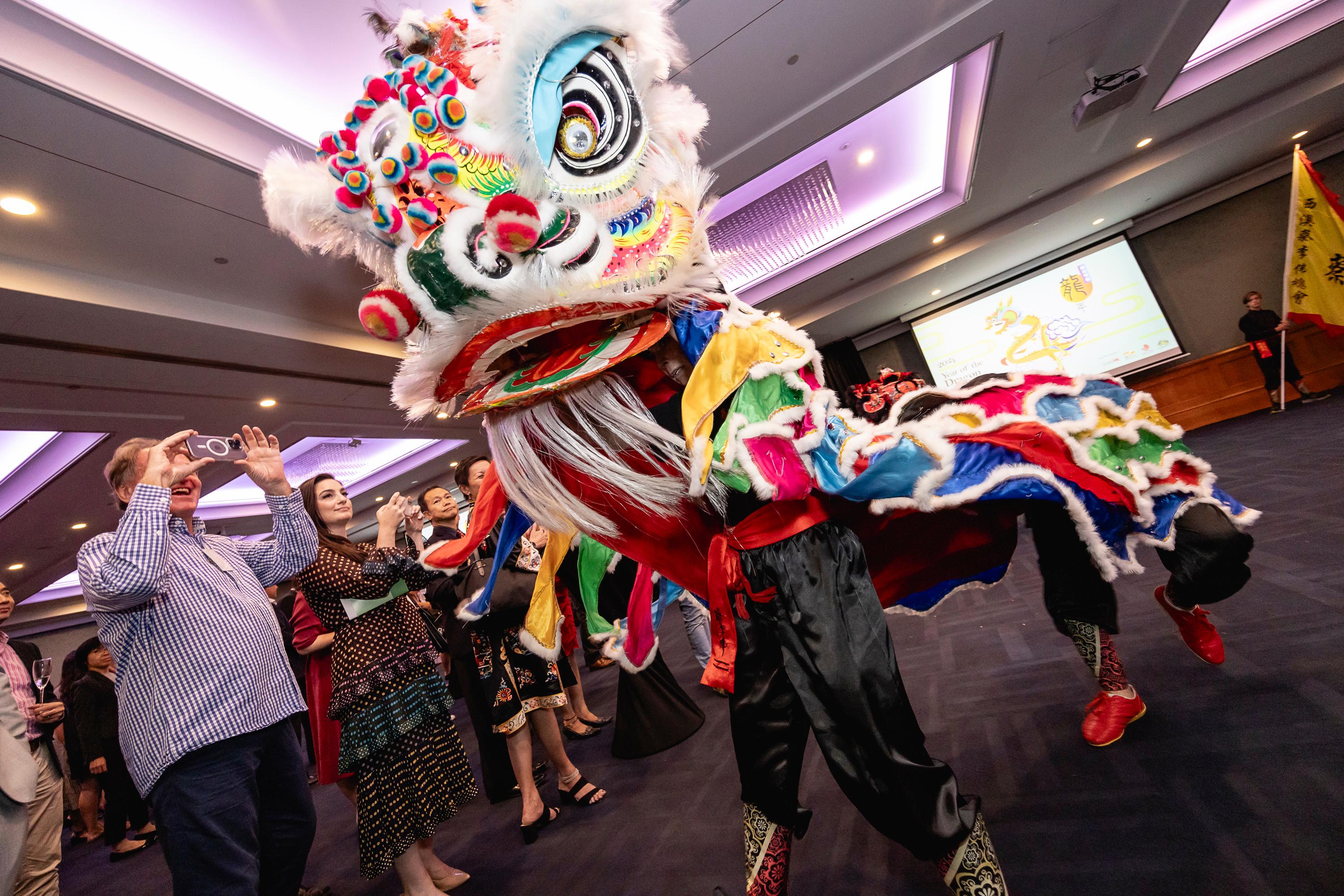 香港驻悉尼经济贸易办事处今日（三月七日）在澳洲珀斯举行酒会，庆祝农历新年。图示酒会期间的舞狮表演。