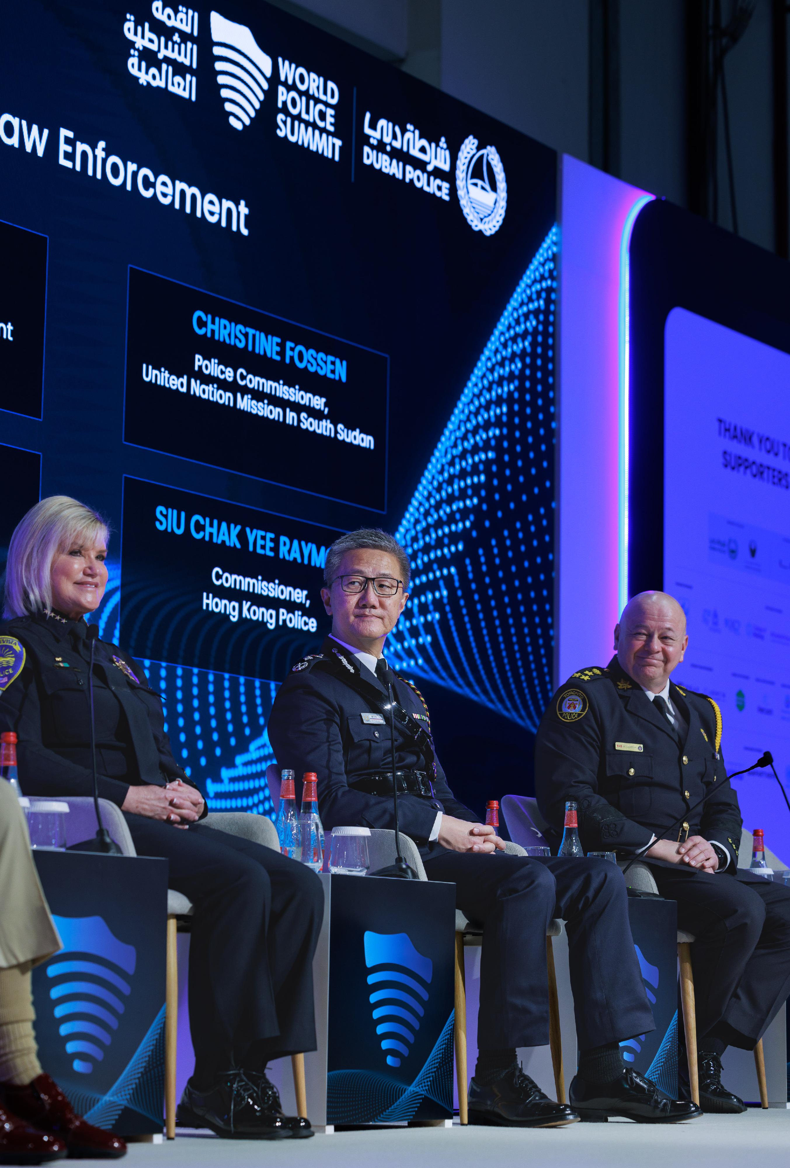 The Commissioner of Police, Mr Siu Chak-yee, spearheaded a delegation to attend the World Police Summit 2024 from March 5 to 7 in Dubai, the United Arab Emirates. Photo shows Mr Siu (centre) participating as a speaker at the Commissioner Keynote session of the summit.