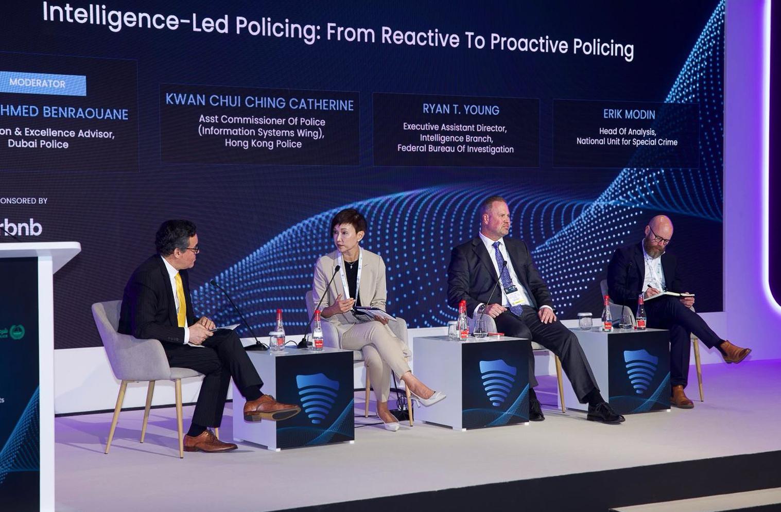 The Commissioner of Police, Mr Siu Chak-yee, spearheaded a delegation to attend the World Police Summit 2024 from March 5 to 7 in Dubai, the United Arab Emirates. Photo shows the Assistant Commissioner of Police (Information Systems Wing), Ms Kwan Chui-ching (second left), sharing the Force’s strategies in advancing intelligence-led policing through cutting-edge technical capabilities at the summit.