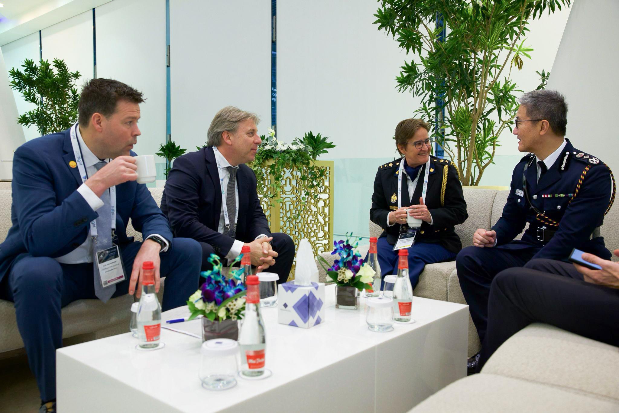 The Commissioner of Police, Mr Siu Chak-yee, spearheaded a delegation to attend the World Police Summit 2024 from March 5 to 7 in Dubai, the United Arab Emirates. Photo shows Mr Siu (first right) exchanging views on various policing issues with the high-ranking officials from the Netherlands during a bilateral meeting.