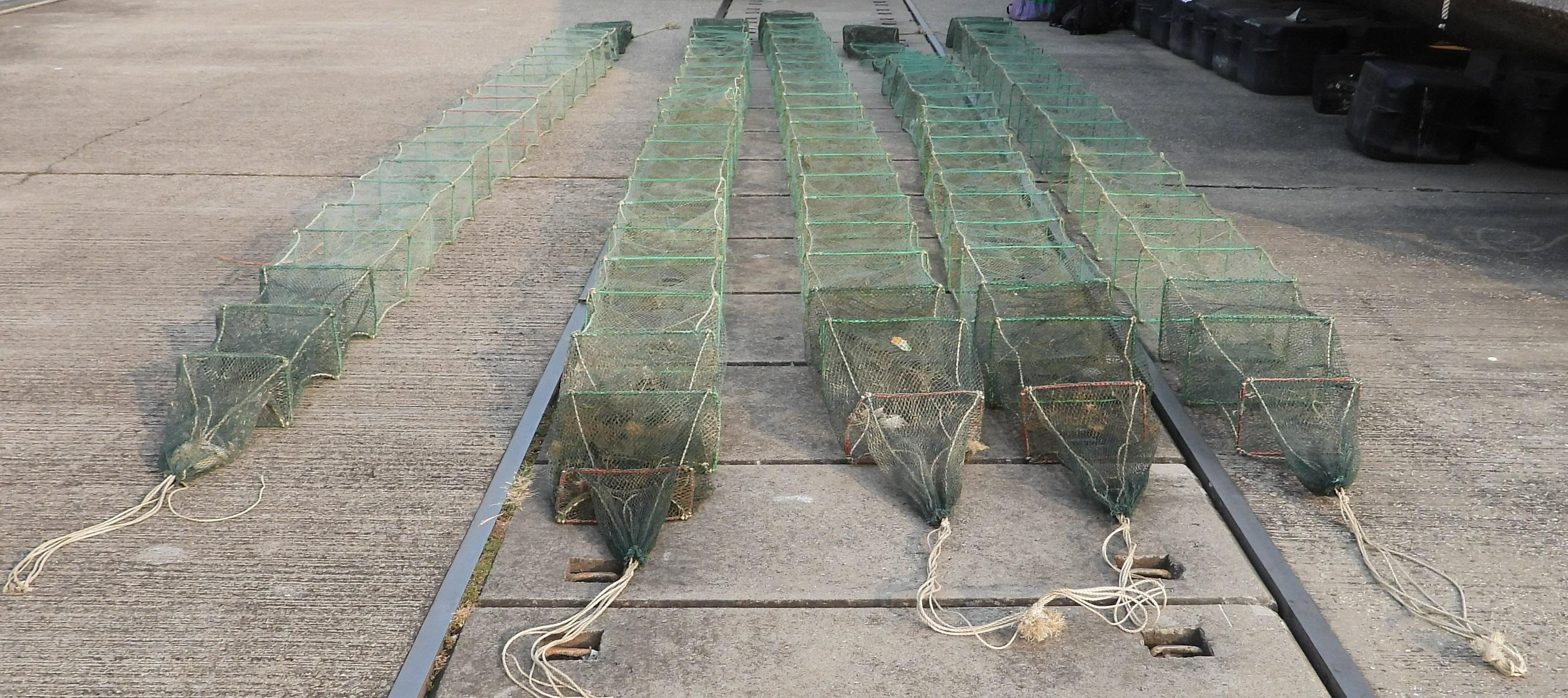 Four Mainland fisherman deckhands engaged in fishing using snake cages (a type of cage trap banned in Hong Kong waters) earlier in waters off the River Trade Terminal in western Hong Kong, and a local coxswain on board were charged for breaching the Fisheries Protection Ordinance (Cap. 171) and convicted today (March 8). Photo shows some of the seized snake cages.