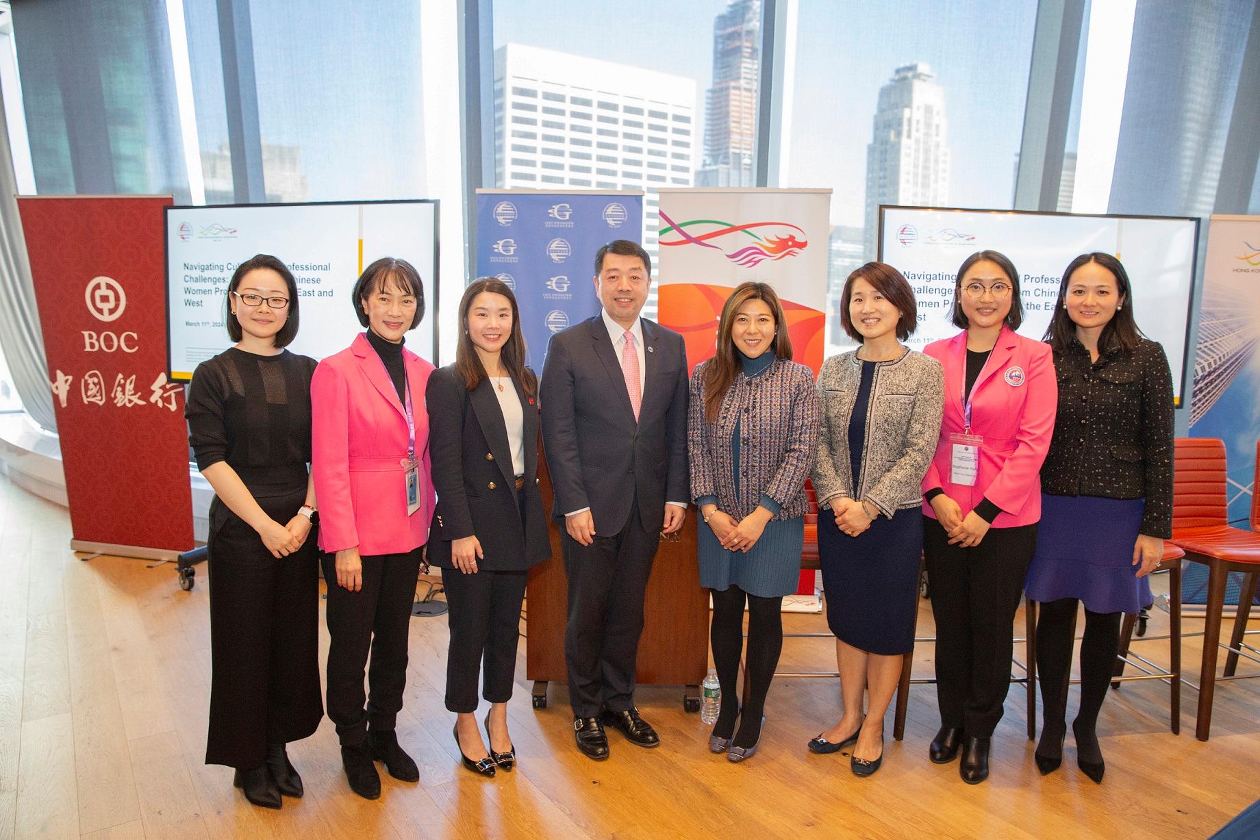 Coinciding with the 68th session of the United Nations Commission on the Status of Women, the Hong Kong Economic and Trade Office in New York (HKETONY) co-organised a luncheon event themed "Navigating Cultural and Professional Challenges: Insights from Chinese Women Professionals in the East and West" with the China General Chamber of Commerce - USA (CGCC), attracting more than 60 attendees from think tanks, the business community and finance sector in New York. Photo shows the HKETONY Director, Ms Maisie Ho (fourth right), the Chairman of the CGCC cum President and Chief Executive Officer of Bank of China, USA, Mr Hu Wei (fourth left), and other guests at the luncheon.