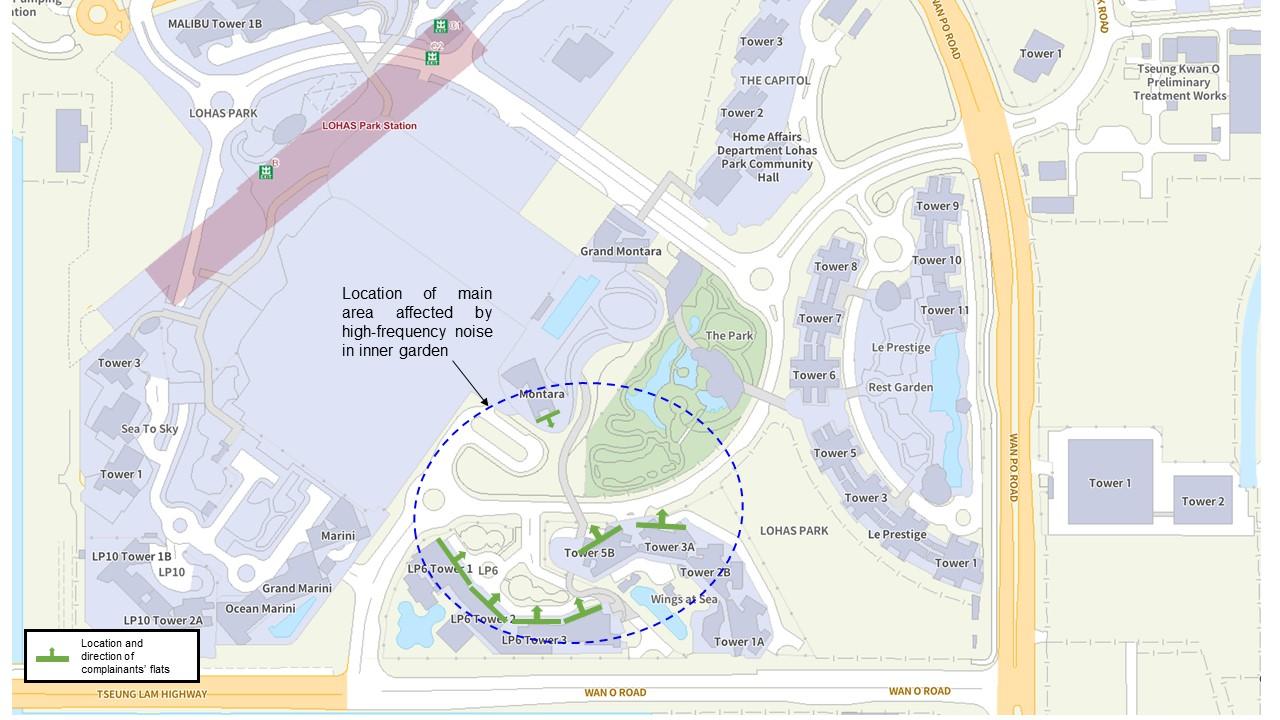The Environmental Protection Department announced today (March 15) a case in which acoustic cameras were used to successfully track down an unknown noise source. Photo shows layout of LP6, Wings at Sea, Montara and commonly used garden of LOHAS Park, and locations and orientations of the complainants' flats.
