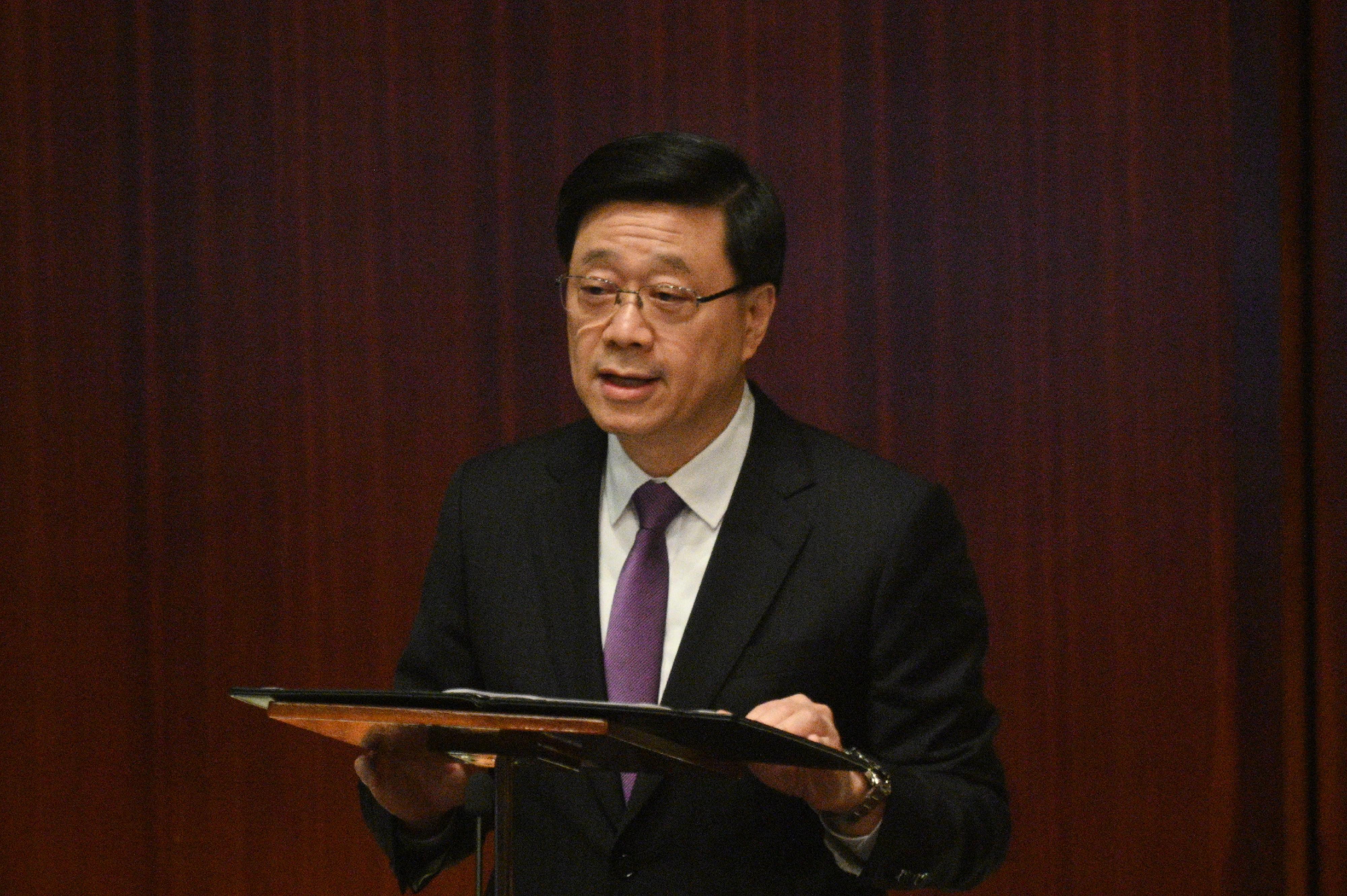 The Chief Executive, Mr John Lee, addresses at the Legislative Council (LegCo) meeting on the LegCo's passage of the Safeguarding National Security Bill today (March 19).