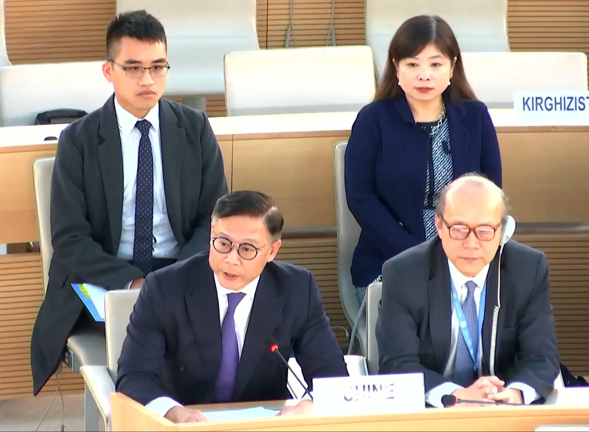 The Deputy Secretary for Justice, Mr Cheung Kwok-kwan (front row, left), today (March 20, Geneva time) delivers a speech on the Basic Law Article 23 legislation at the 55th regular session of the United Nations Human Rights Council in Geneva, Switzerland.