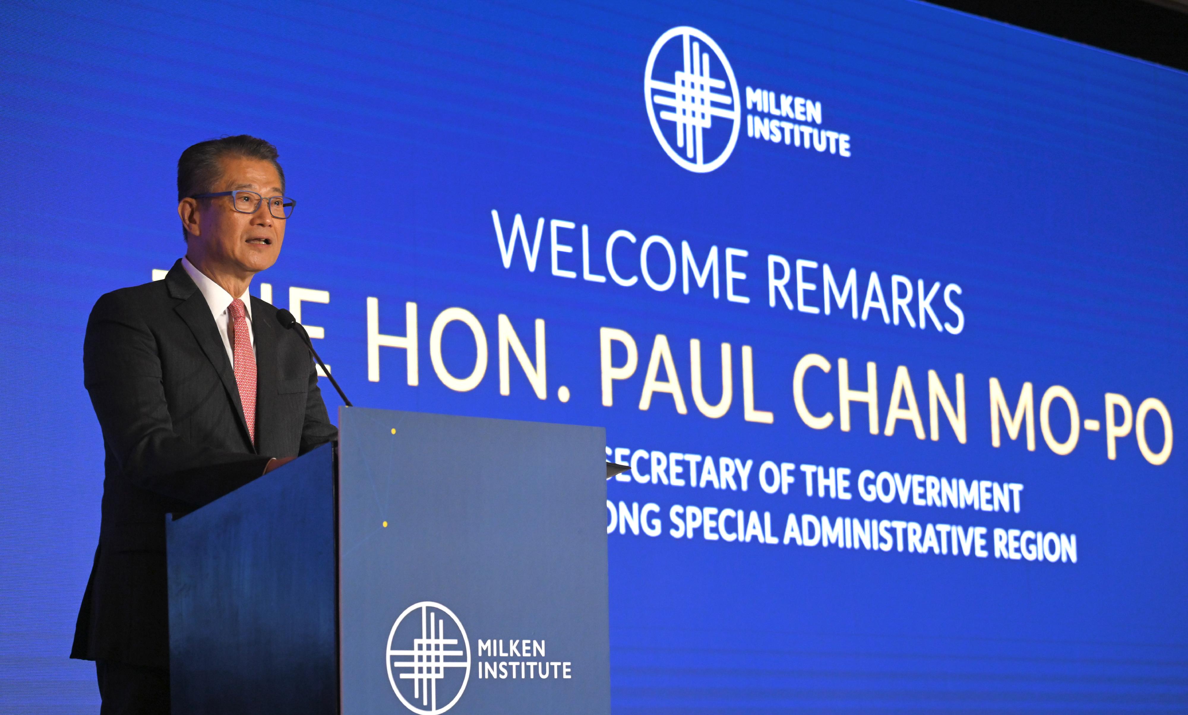 The Financial Secretary, Mr Paul Chan, attended the Milken Institute's inaugural Global Investors' Symposium today (March 26). Photo shows Mr Chan giving his welcome remarks at the Symposium.