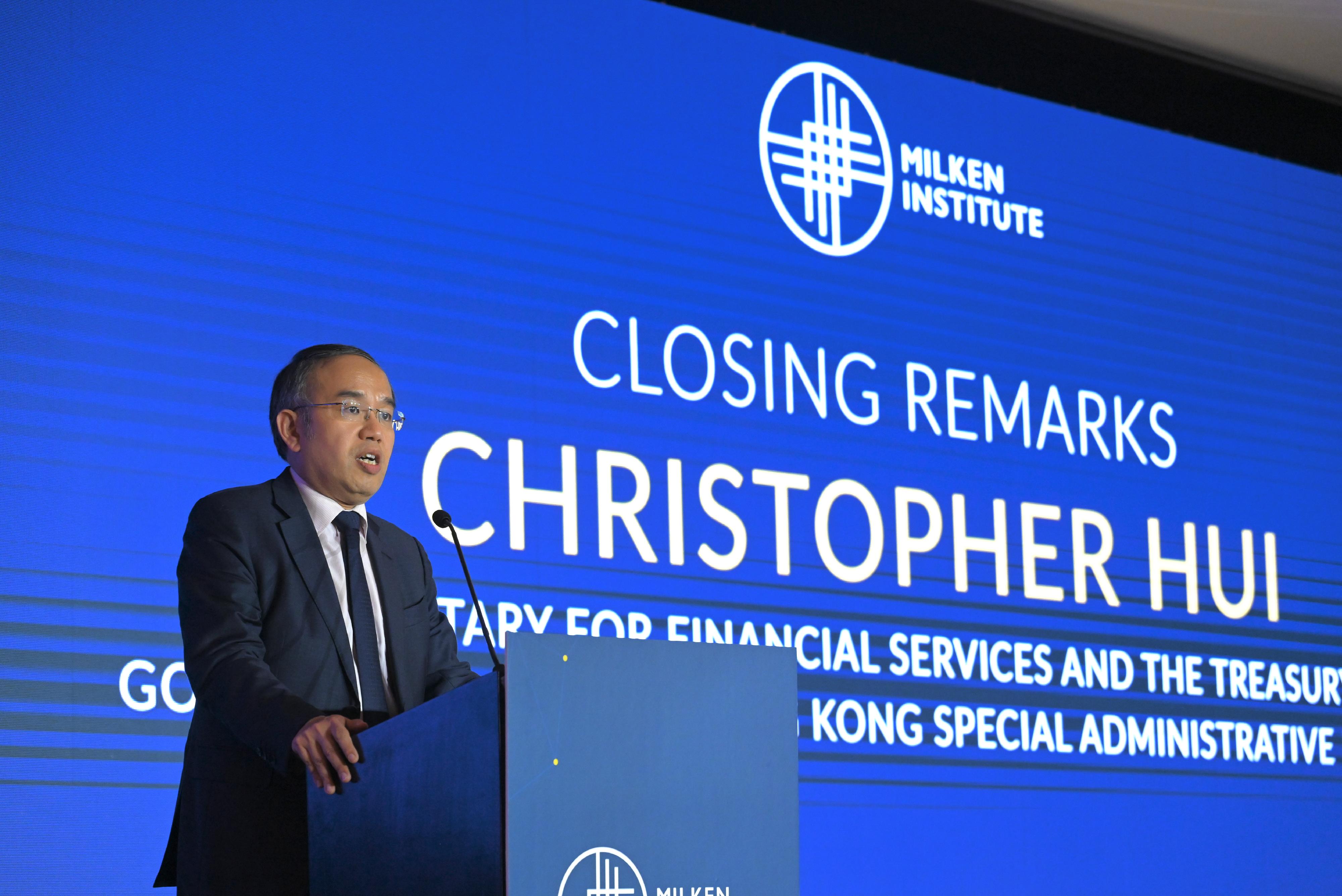 The Secretary for Financial Services and the Treasury, Mr Christopher Hui, delivers closing remarks at the Milken Institute's Global Investors' Symposium today (March 26).