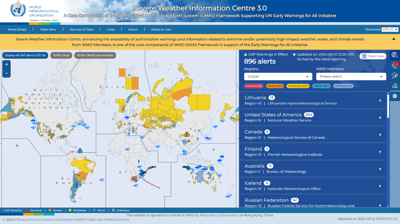 The Severe Weather Information Centre 3.0 website was launched today (March 28). It displays authoritative warnings issued by alerting authorities, in particular meteorological and hydrological services, around the world.