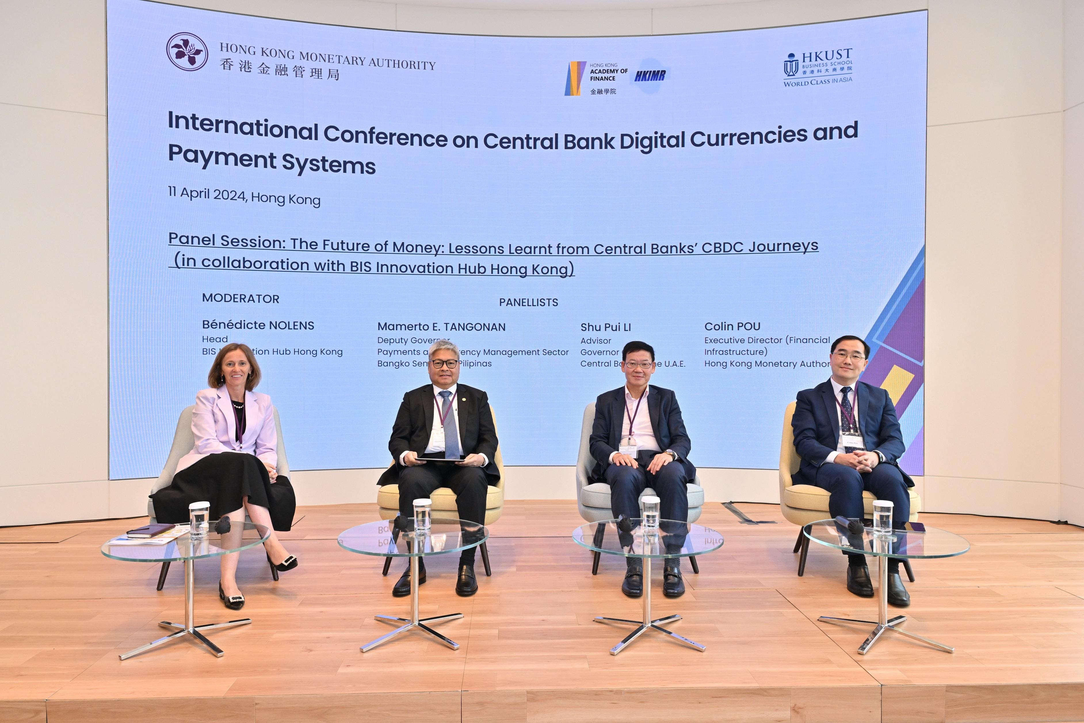 Head of BIS Innovation Hub Hong Kong, Ms Bénédicte Nolens, moderates a panel discussion titled "The Future of Money: Lessons Learnt from Central Banks' CBDC Journey" with Advisor, Governor Office of Central Bank of the U.A.E., Mr Li Shu-pui; the Executive Director (Financial Infrastructure) of the Hong Kong Monetary Authority, Mr Colin Pou; and Deputy Governor, Payments and Currency Management Sector of Bangko Sentral ng Pilipinas, Mr Mamerto E. Tangonan. 