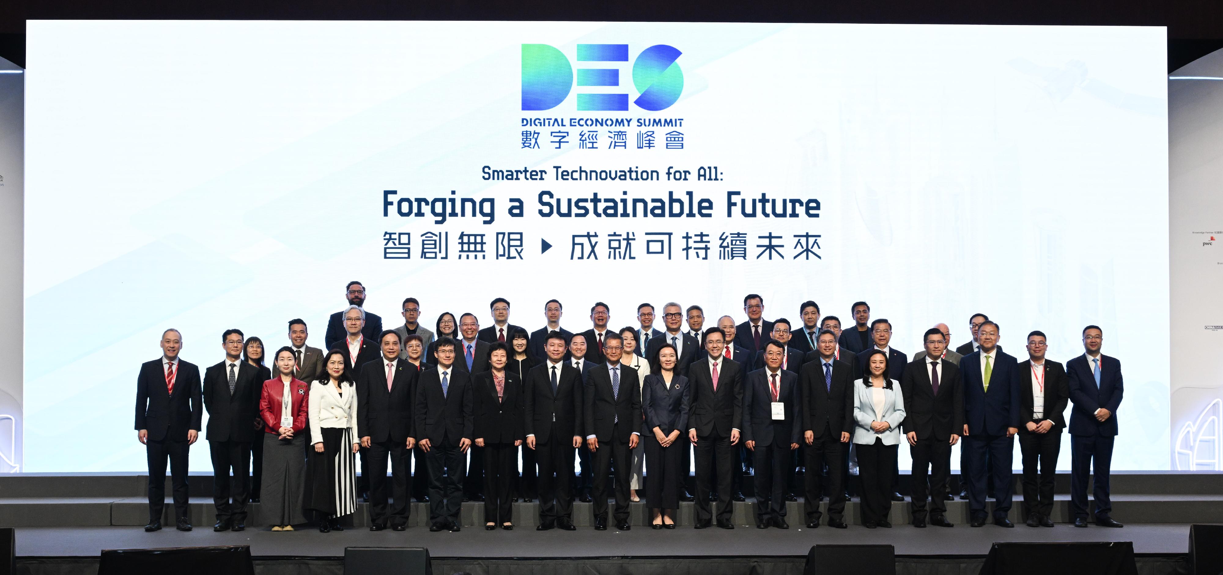 The Financial Secretary, Mr Paul Chan, attends the Visionary Forum of the Digital Economy Summit 2024 today (April 12). Photo shows (first row, from fifth left) the President of the China Internet Development Foundation, Ms Wang Xiujun; Vice Minister of the Cyberspace Administration of China Mr Wang Song; Mr Chan; Deputy Director of the Liaison Office of the Central People's Government in the Hong Kong Special Administrative Region Ms Lu Xinning; the Secretary for Innovation, Technology and Industry, Professor Sun Dong; Deputy Party-secretary of the CPC Hefei Municipal Committee, Mayor of Hefei Municipal People’s Government, Mr Luo Yunfeng, and other guests at the forum. 