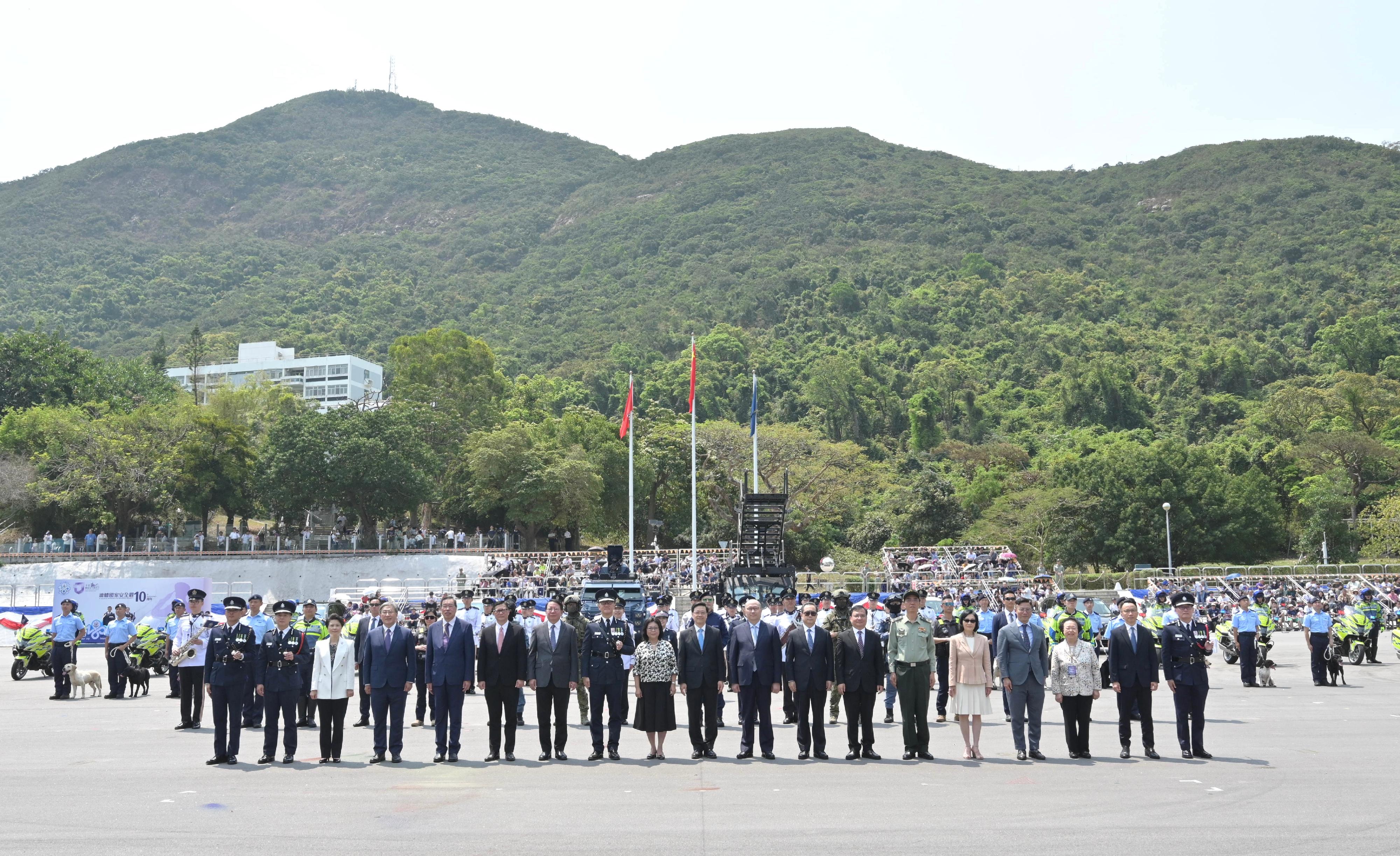 The Hong Kong Police Force held the “National Security Education Day cum Hong Kong Police Force 180th Anniversary Police College Open Day” today (April 13). Photo shows (first row, from fourth left) the Deputy Chief Secretary for Administration, Mr Cheuk Wing-hing; the President of the Legislative Council, Mr Andrew Leung; the Secretary for Security, Mr Tang Ping-keung; the Chief Secretary for Administration, Mr Chan Kwok-ki; the Commissioner of Police, Mr Siu Chak-yee; the wife of the Chief Executive, Mrs Janet Lee; the Chief Executive, Mr John Lee; the Director of the Liaison Office of the Central People's Government in the Hong Kong Special Administrative Region (HKSAR), Mr Zheng Yanxiong; Head of the Office for Safeguarding National Security of the Central People's Government in the HKSAR, Mr Dong Jingwei; Deputy Commissioner of the Office of the Commissioner of the Ministry of Foreign Affairs of the People's Republic of China in the HKSAR, Mr Fang Jianming; Deputy Commander of the Chinese People's Liberation Army Hong Kong Garrison, Major General Zheng Guoyue; the Convenor of the Non-official Members of the Executive Council, Mrs Regina Ip; and the Deputy Secretary for Justice, Mr Cheung Kwok-kwan, with other guests and performers.