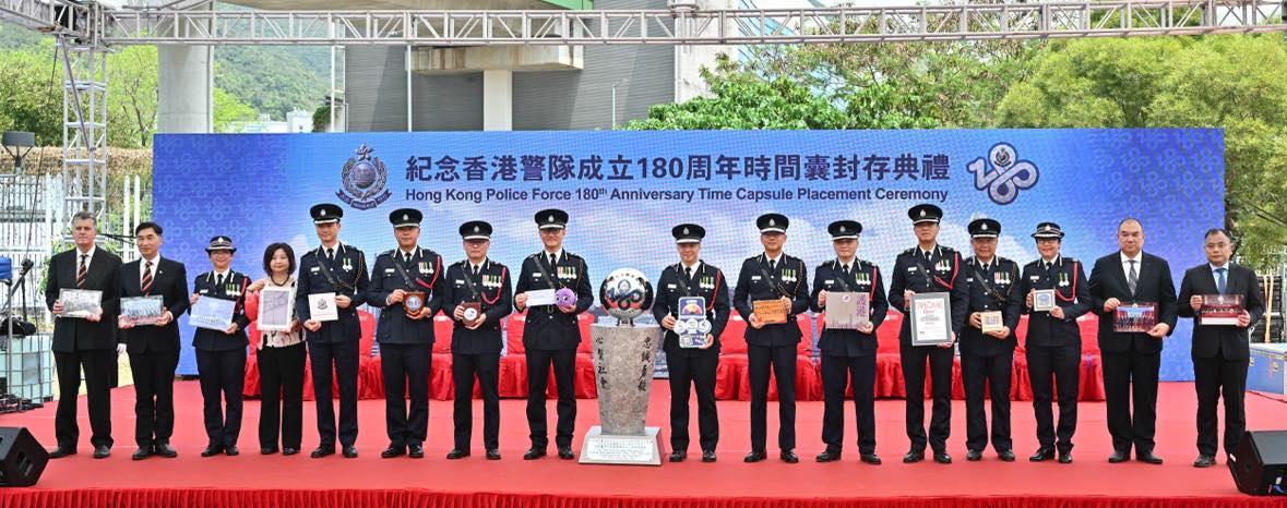 The Hong Kong Police Force held the “National Security Education Day cum Hong Kong Police Force 180th Anniversary Police College Open Day” today (April 13). Photo shows the Commissioner of Police, Mr Siu Chak-yee (eighth left); the Deputy Commissioner of Police (Operations), Mr Chow Yat-ming (eighth right); the Deputy Commissioner of Police (National Security), Mr Kan Kai-yan (seventh left); the Deputy Commissioner of Police (Management), Mr Chan Joon-sun (seventh right), taking part with other senior management and staff association representatives in the Time Capsule Placement Ceremony.
